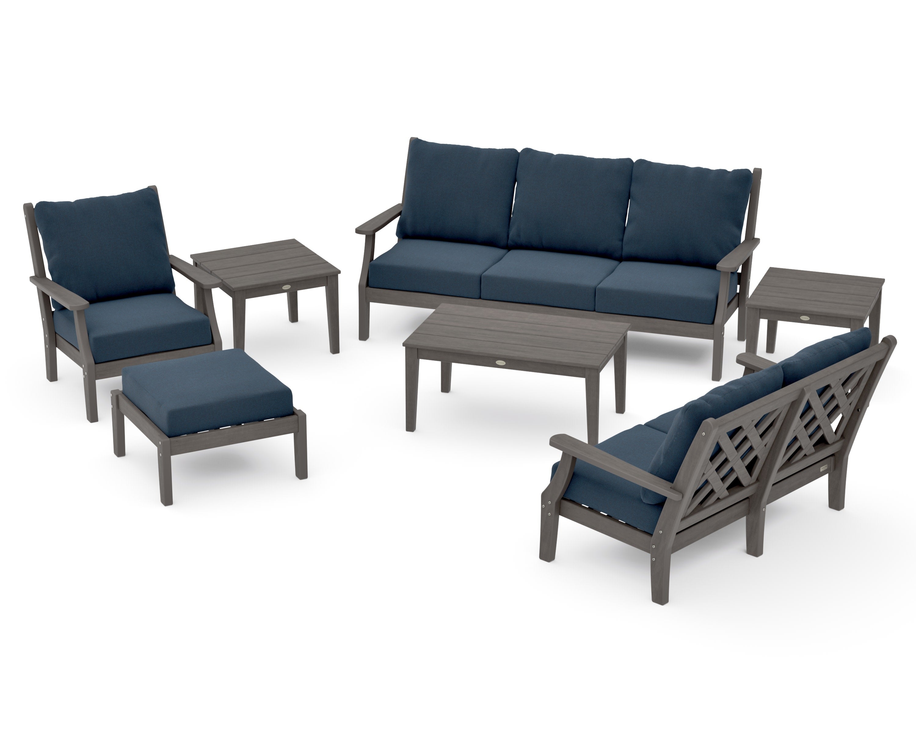 Wovendale 7-Piece Deep Seating Set in Driftwood / Marine Indigo