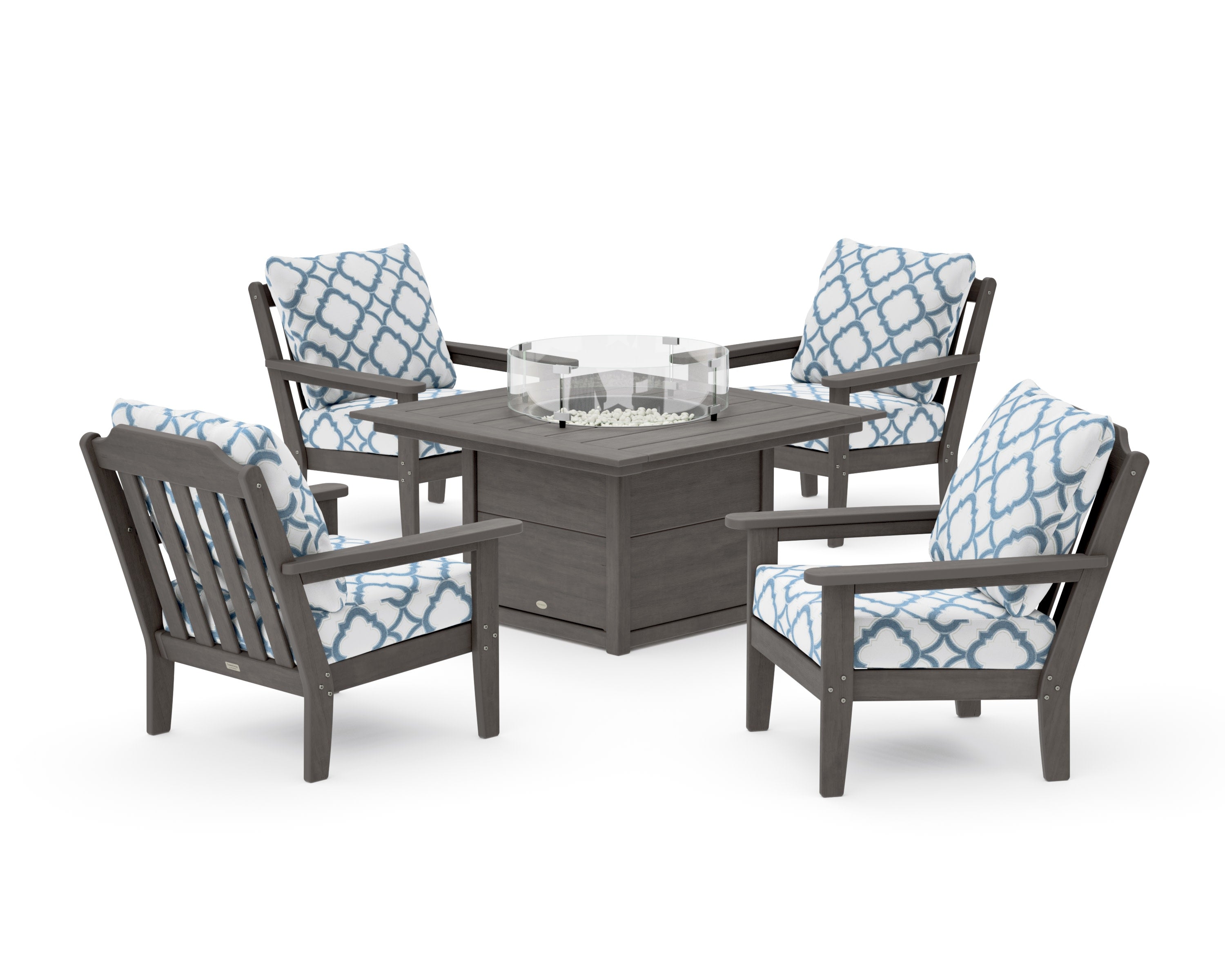 Cottage 5-Piece Deep Seating Set with Fire Pit Table in Driftwood / Trellis Sky Blue