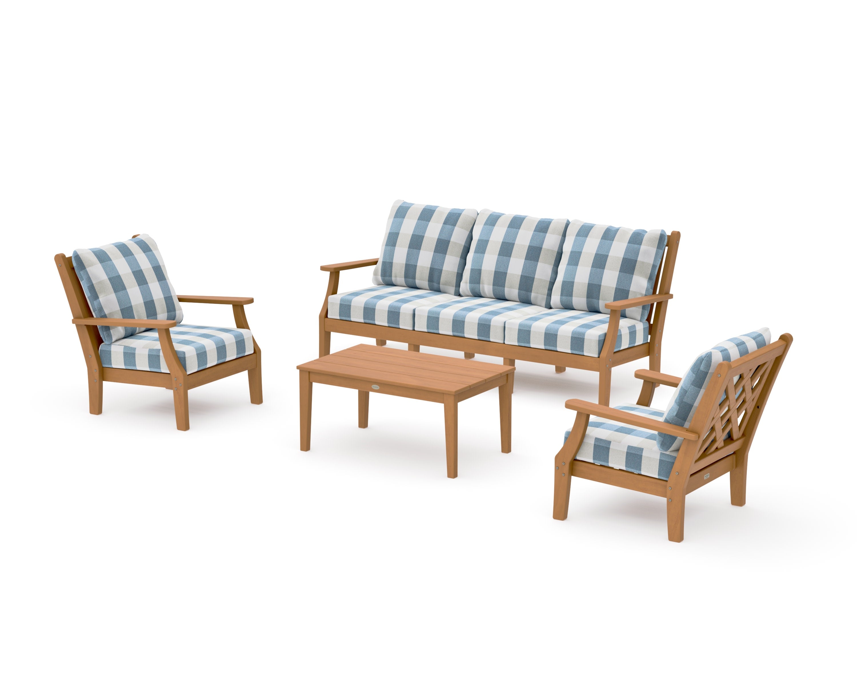 Wovendale 4-Piece Deep Seating Set with Sofa in Natural / Buffalo Plaid Sky Blue