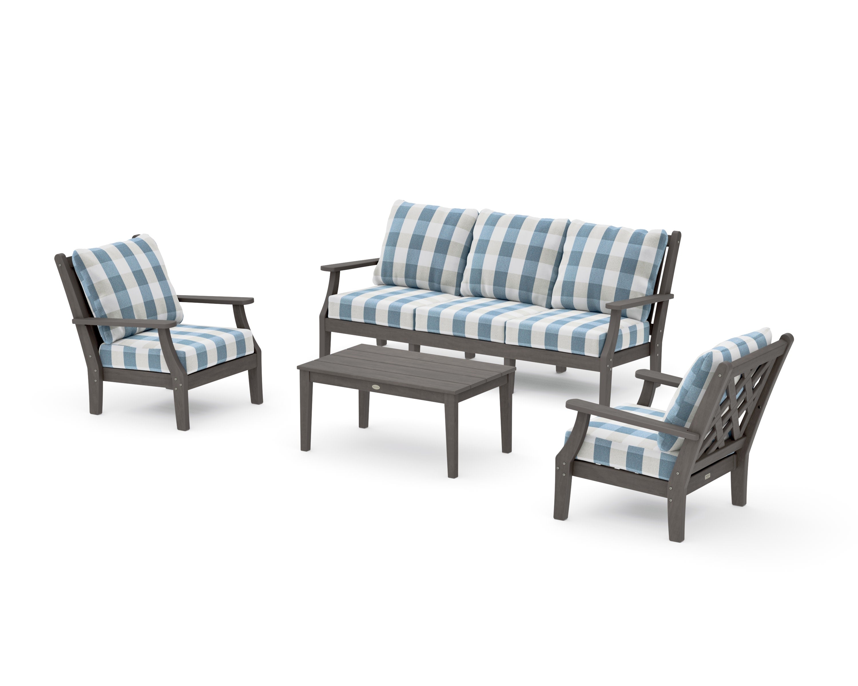 Wovendale 4-Piece Deep Seating Set with Sofa in Driftwood / Buffalo Plaid Sky Blue
