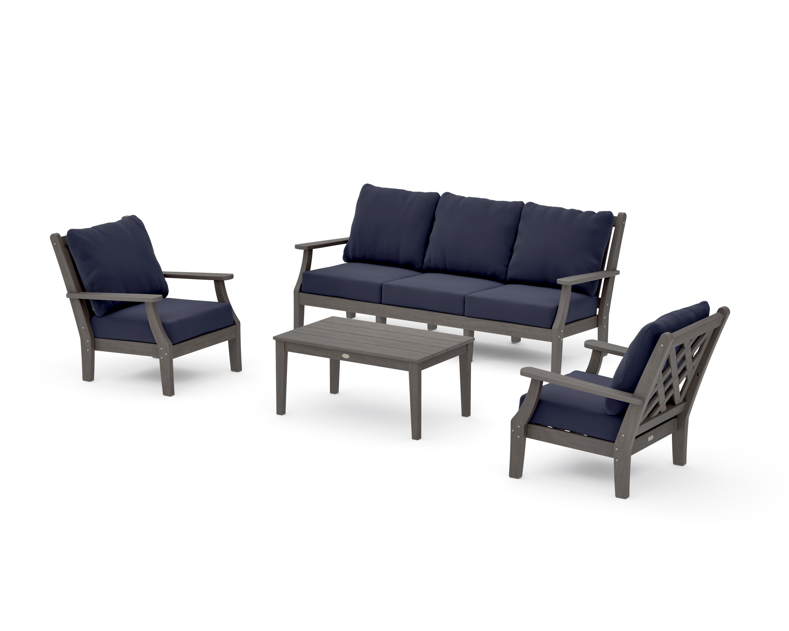 Wovendale 4-Piece Deep Seating Set with Sofa in Driftwood / Navy Linen