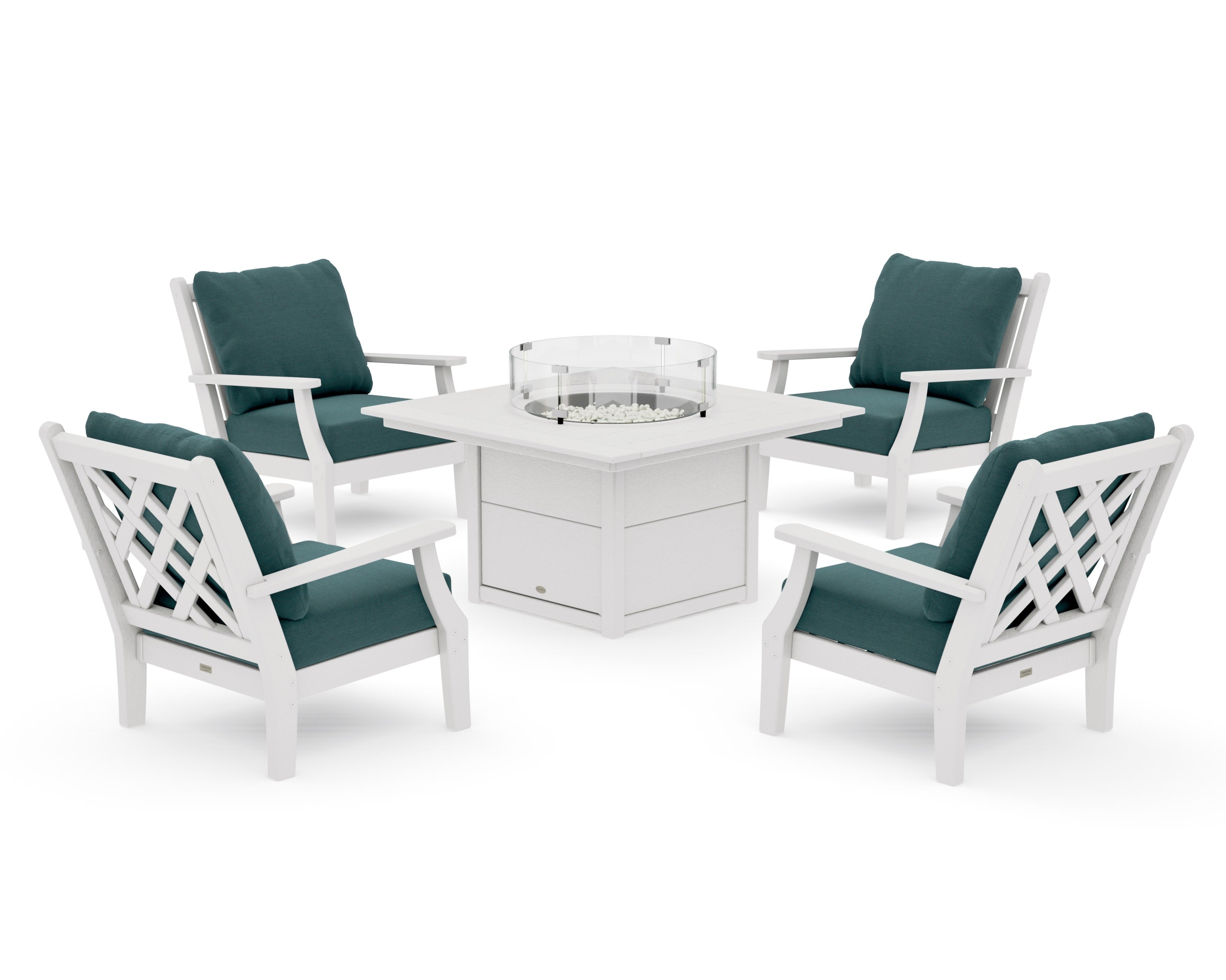 Wovendale 5-Piece Deep Seating Set with Fire Pit Table in Vintage White / Ocean Teal