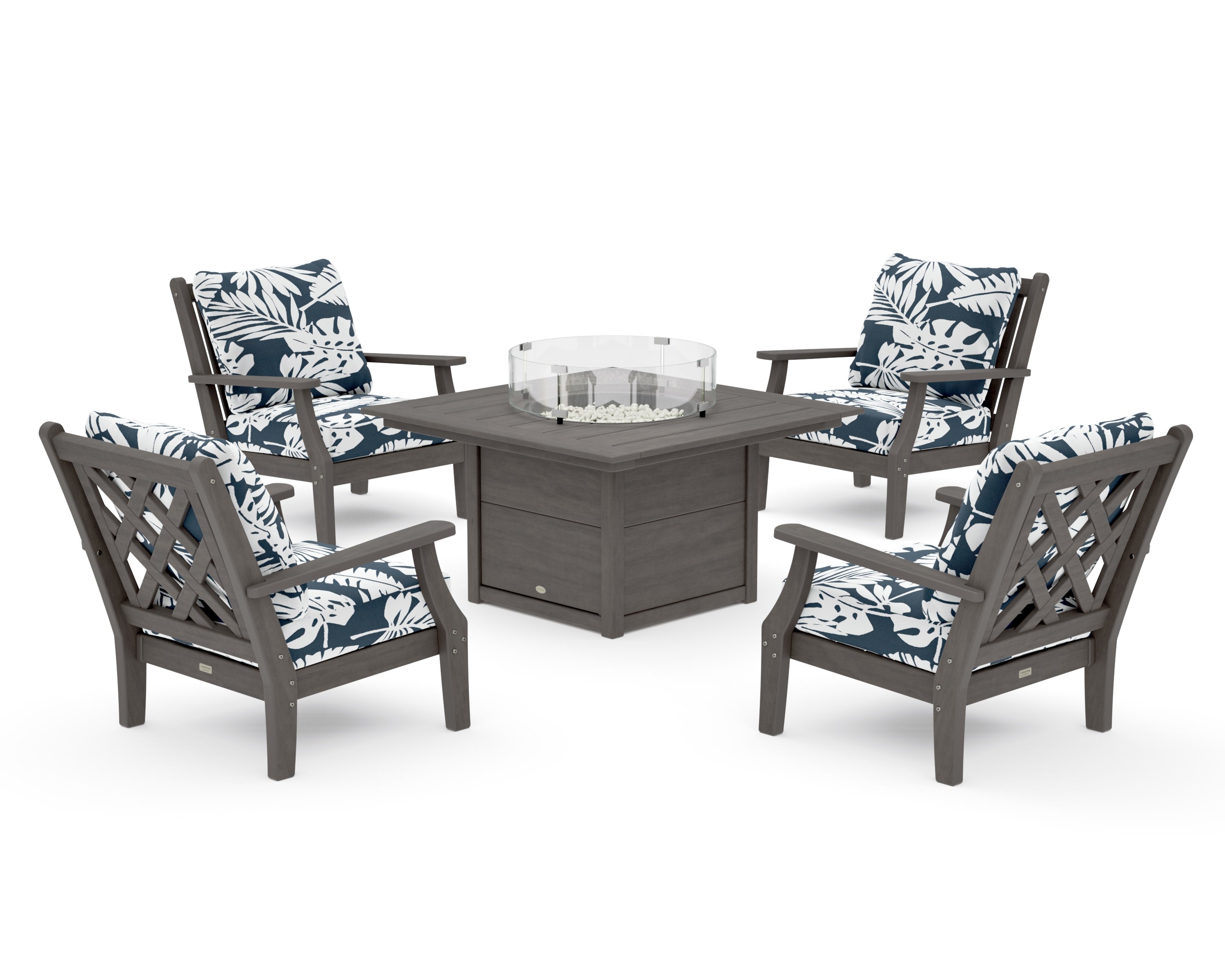 Wovendale 5-Piece Deep Seating Set with Fire Pit Table in Driftwood / Leaf Marine Indigo