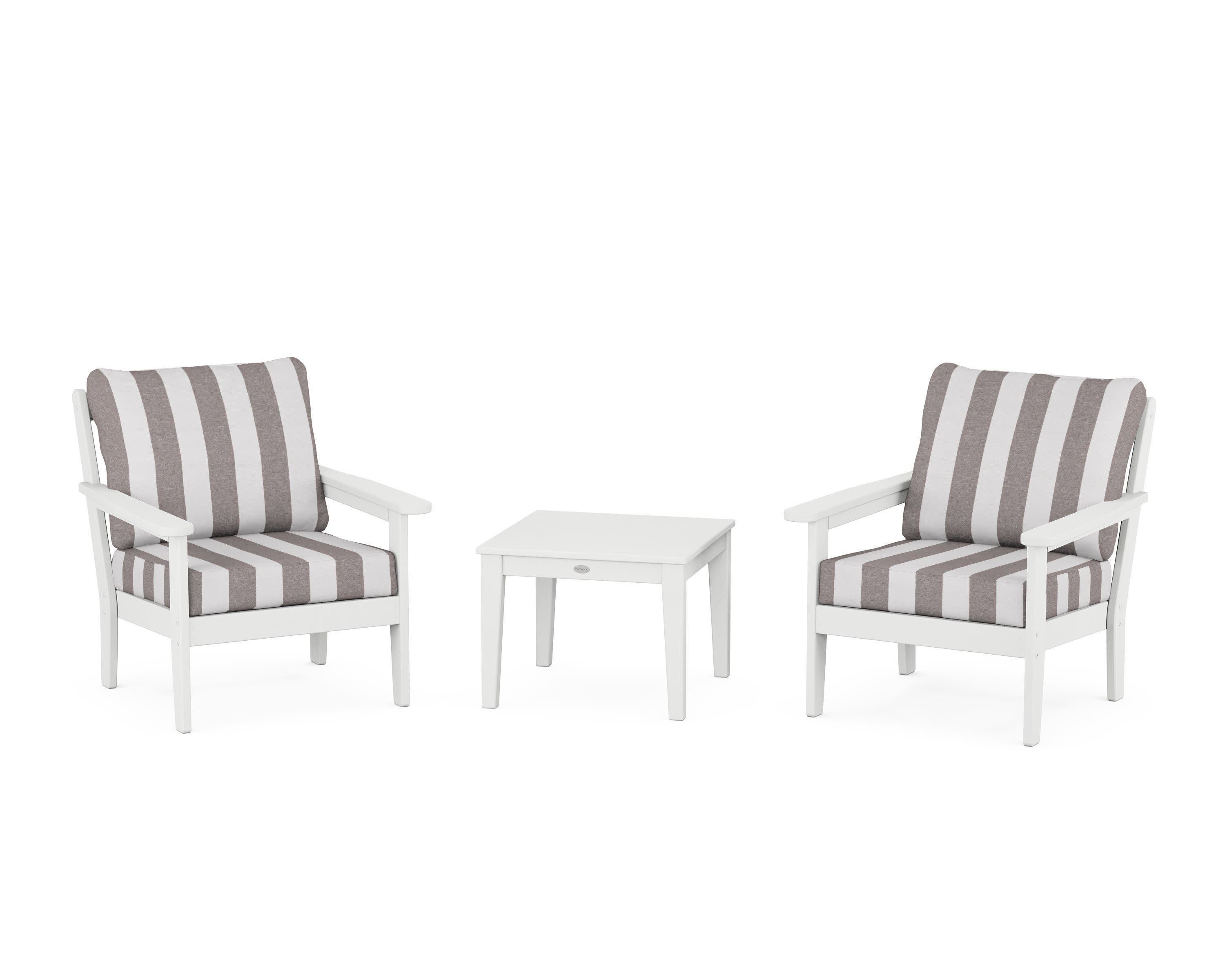Cottage 3-Piece Deep Seating Set in White / Cabana Stripe Grey Mist