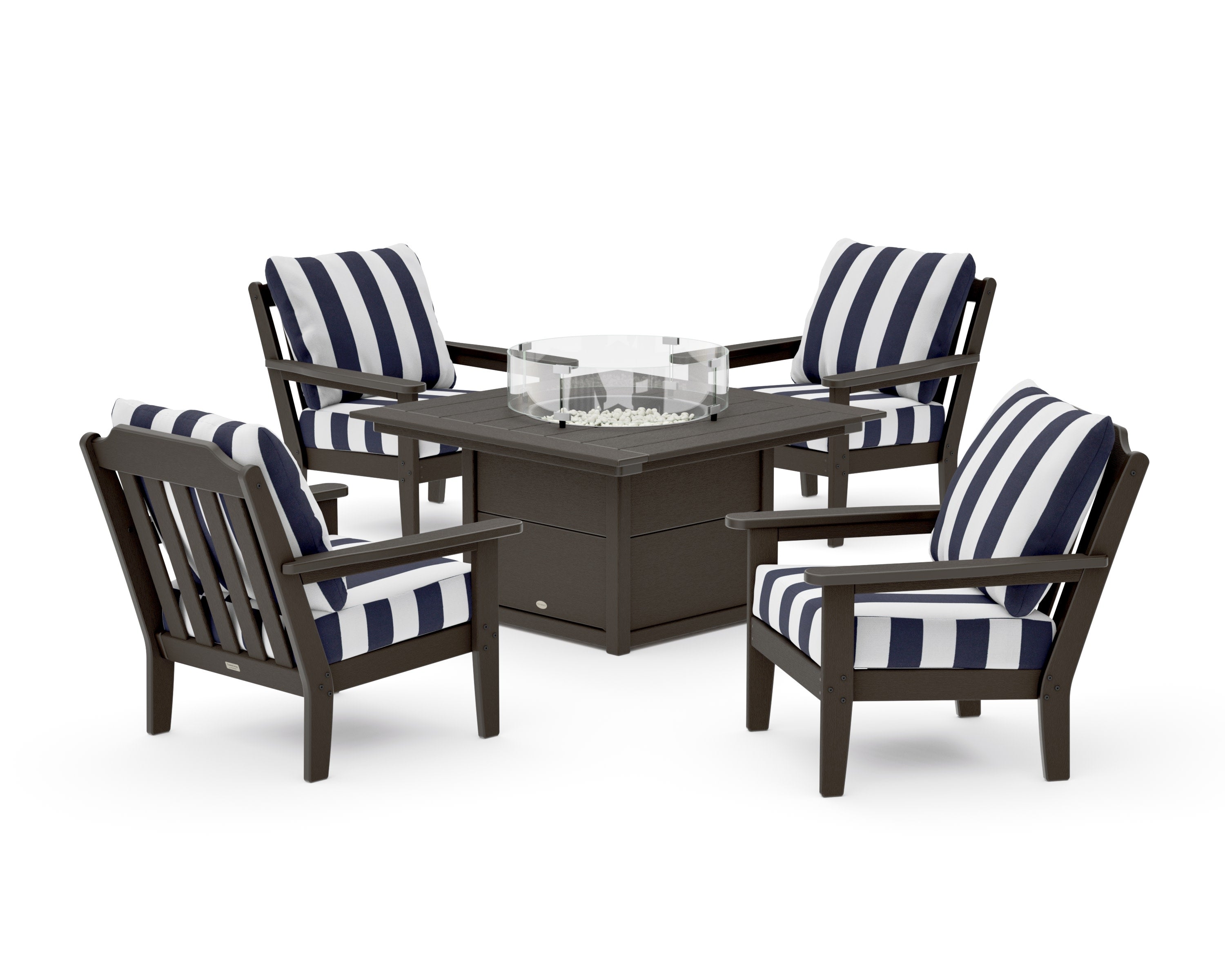 Cottage 5-Piece Deep Seating Set with Fire Pit Table in Vintage Coffee / Cabana Stripe Navy