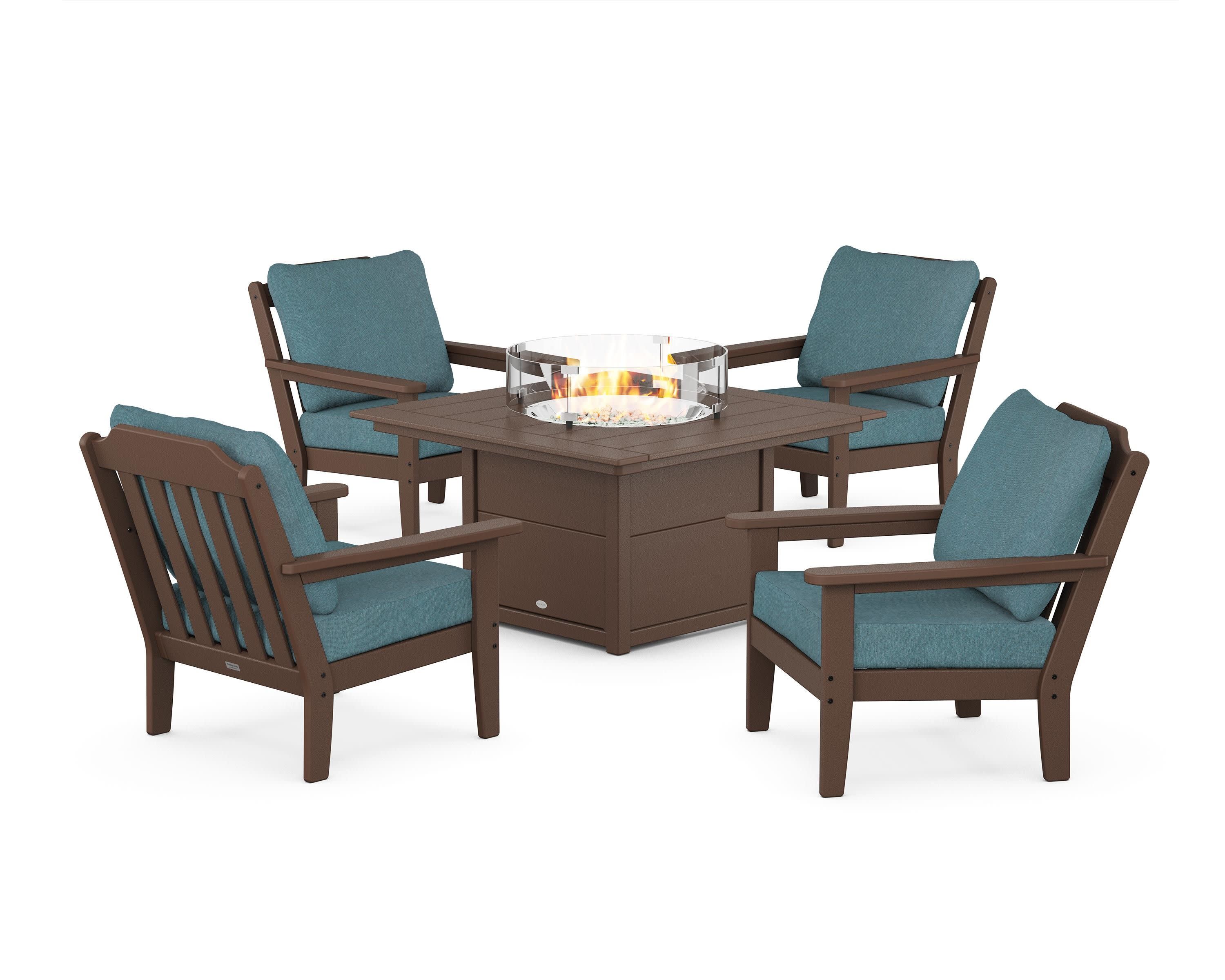 Cottage 5-Piece Deep Seating Set with Fire Pit Table in Mahogany / Ocean Teal