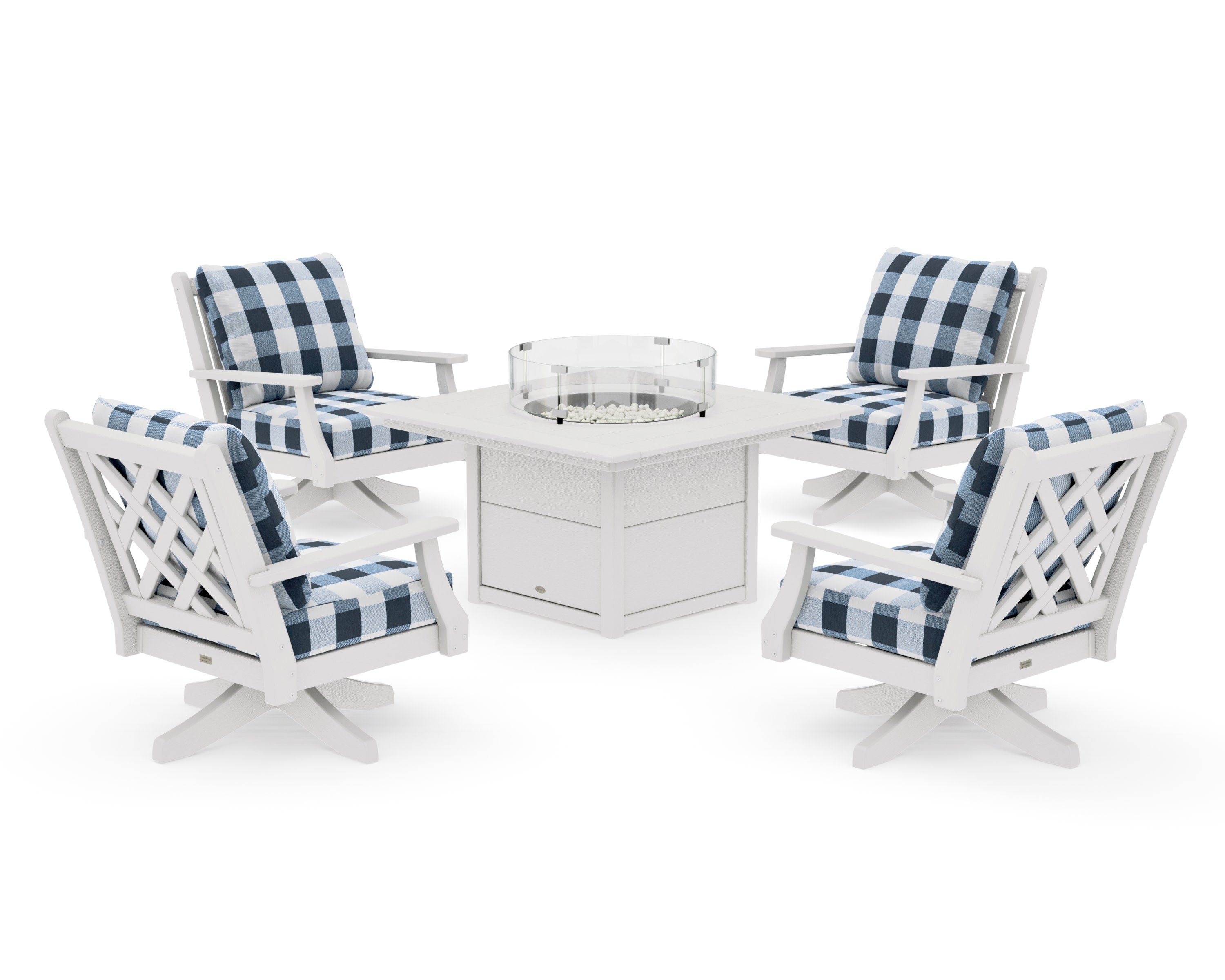 Wovendale 5-Piece Deep Seating Swivel Conversation Set with Fire Pit Table in Vintage White / Buffalo Plaid Marine Indigo