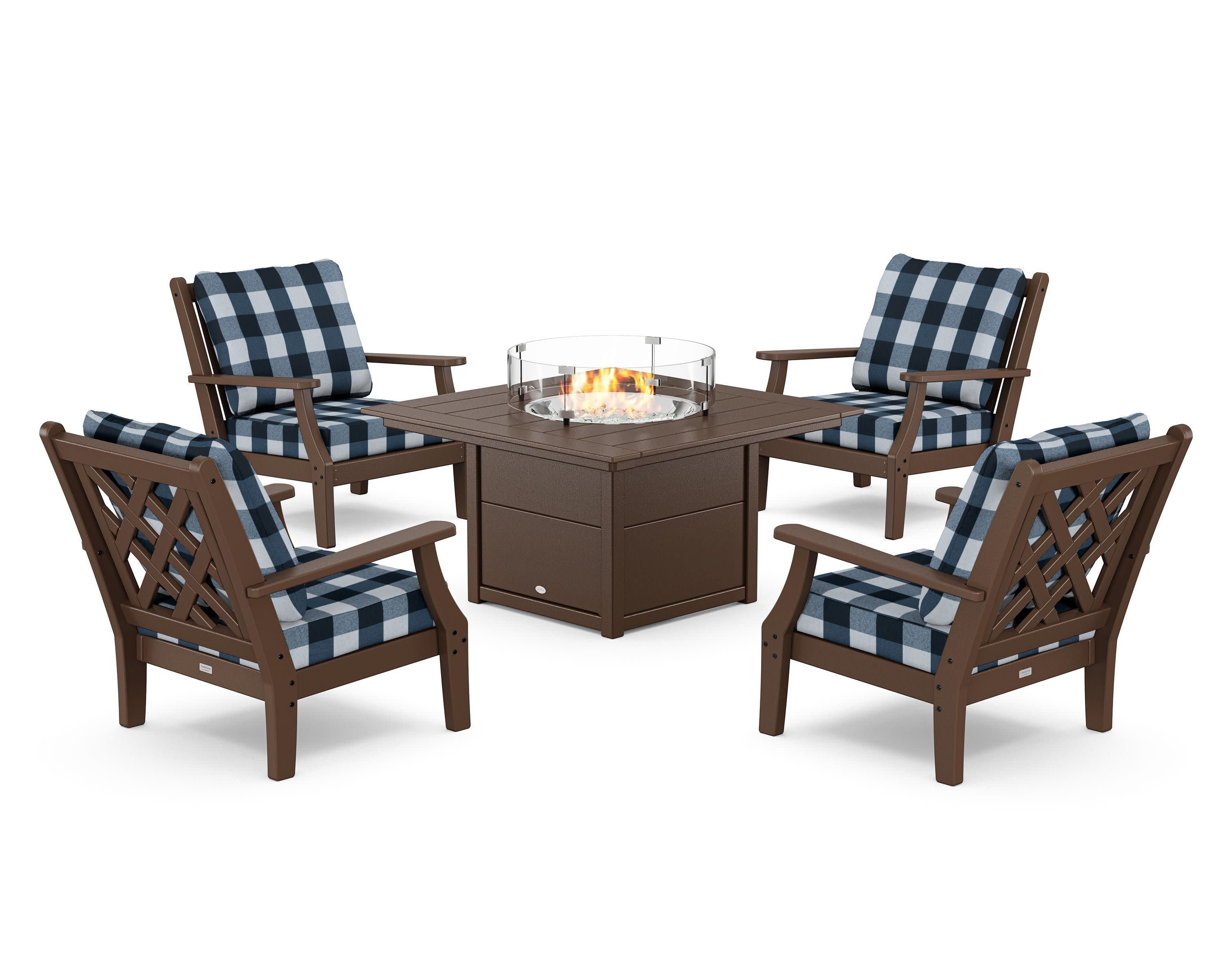 Wovendale 5-Piece Deep Seating Set with Fire Pit Table in Mahogany / Buffalo Plaid Marine Indigo