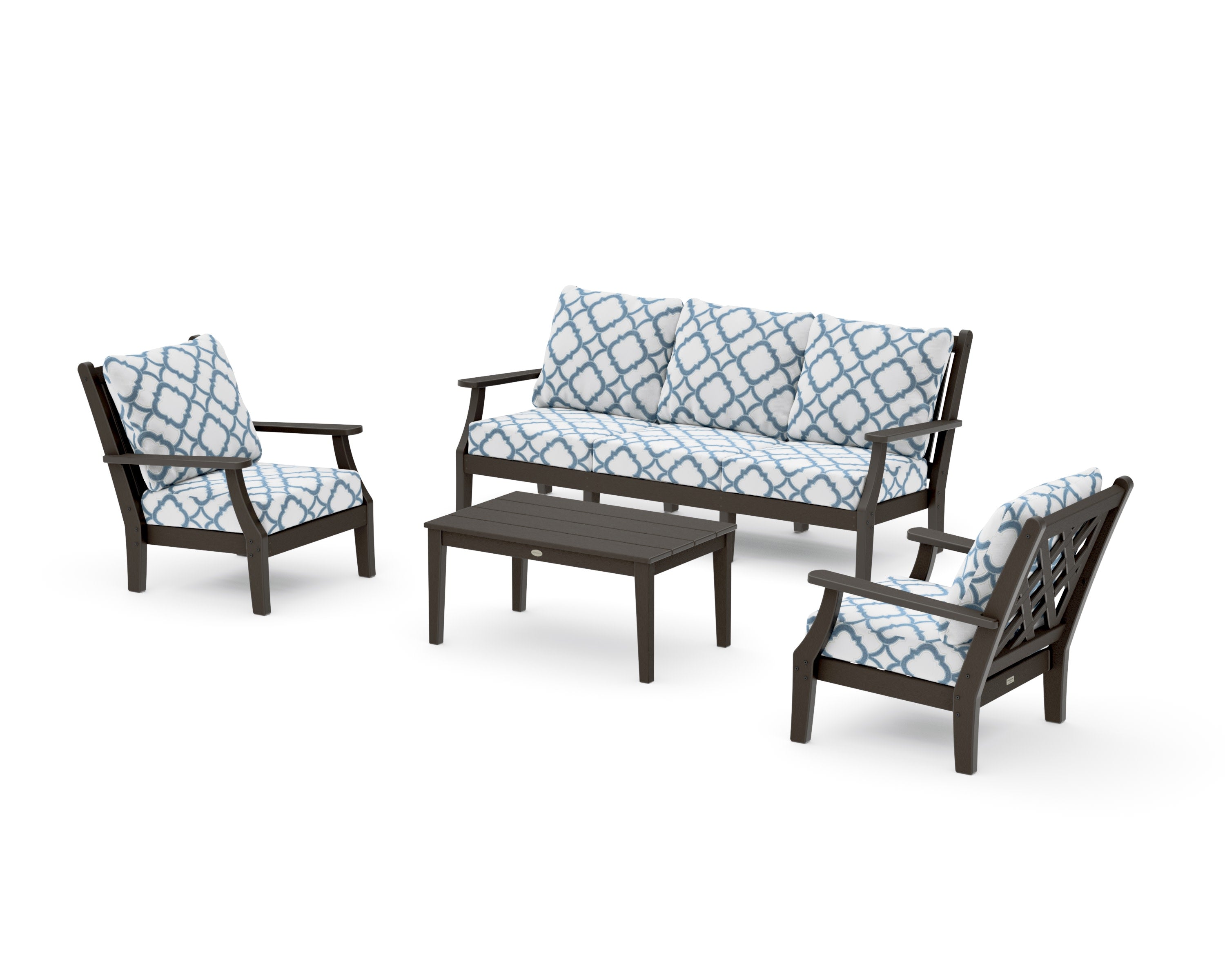 Wovendale 4-Piece Deep Seating Set with Sofa in Vintage Coffee / Trellis Sky Blue