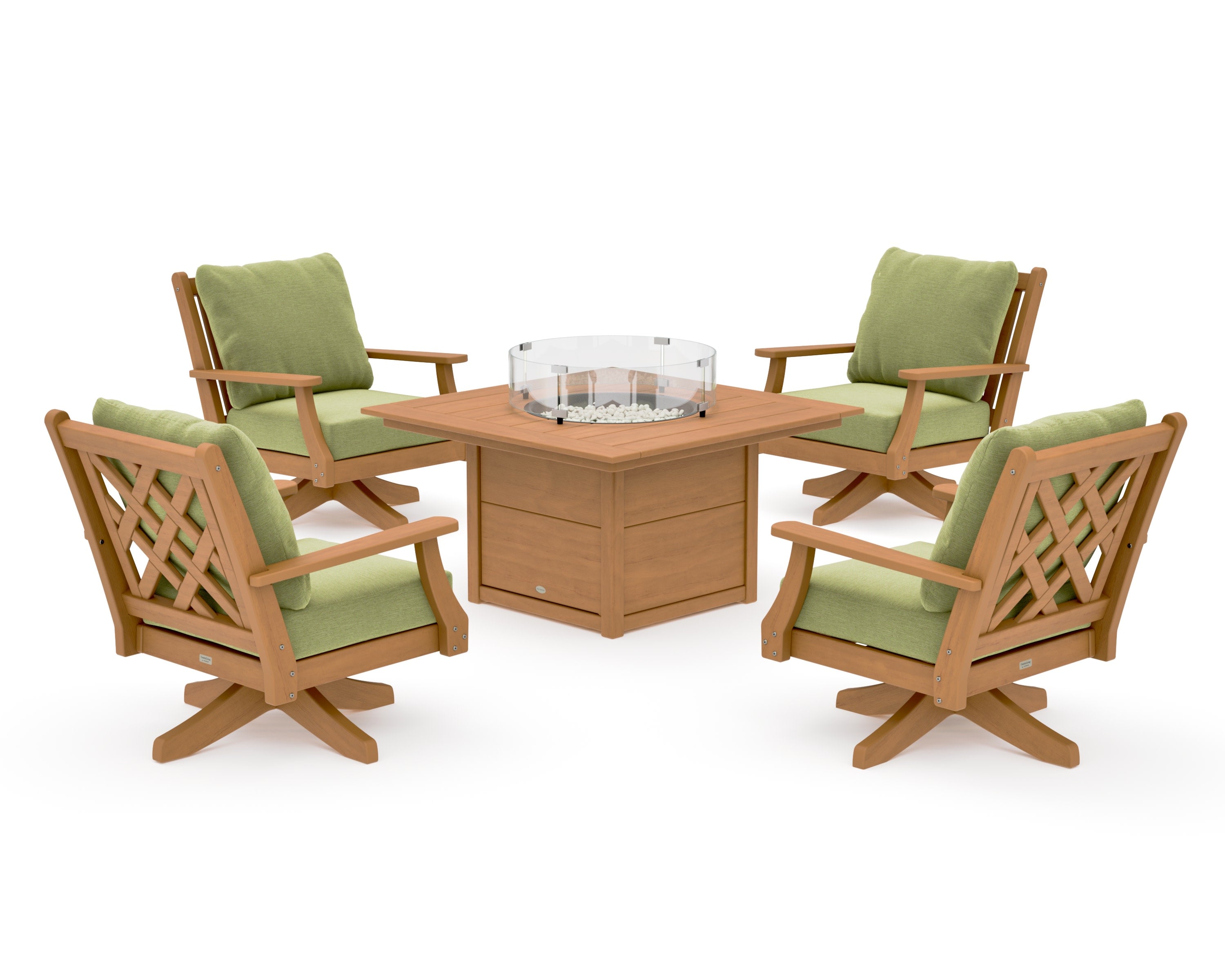 Wovendale 5-Piece Deep Seating Swivel Conversation Set with Fire Pit Table in Natural / Chartreuse Boucle