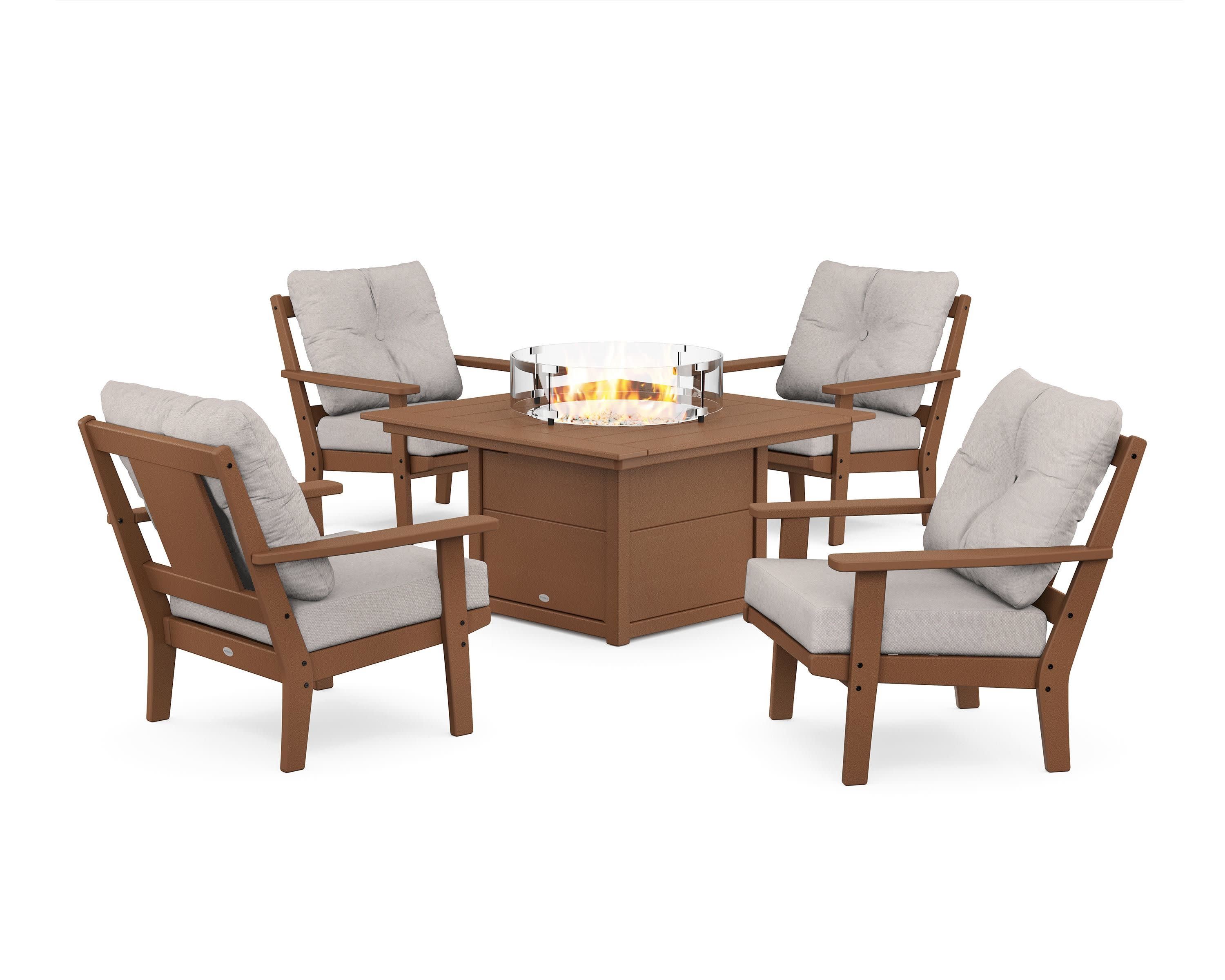 Prairie 5-Piece Deep Seating Set with Fire Pit Table in Teak / Dune Burlap