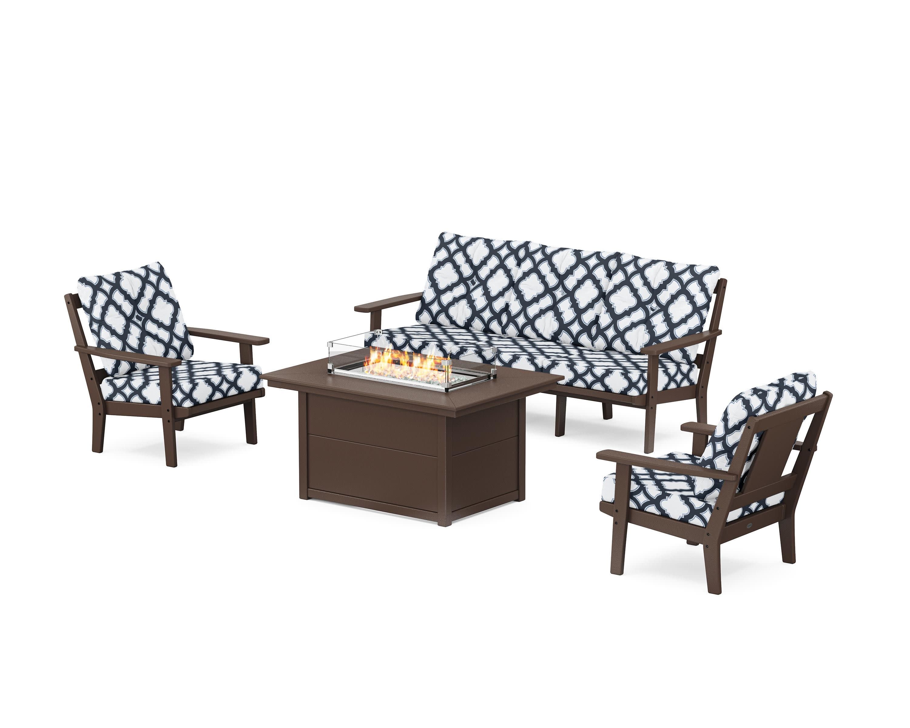 Prairie Deep Seating Fire Pit Table Set in Mahogany / Trellis Marine Indigo