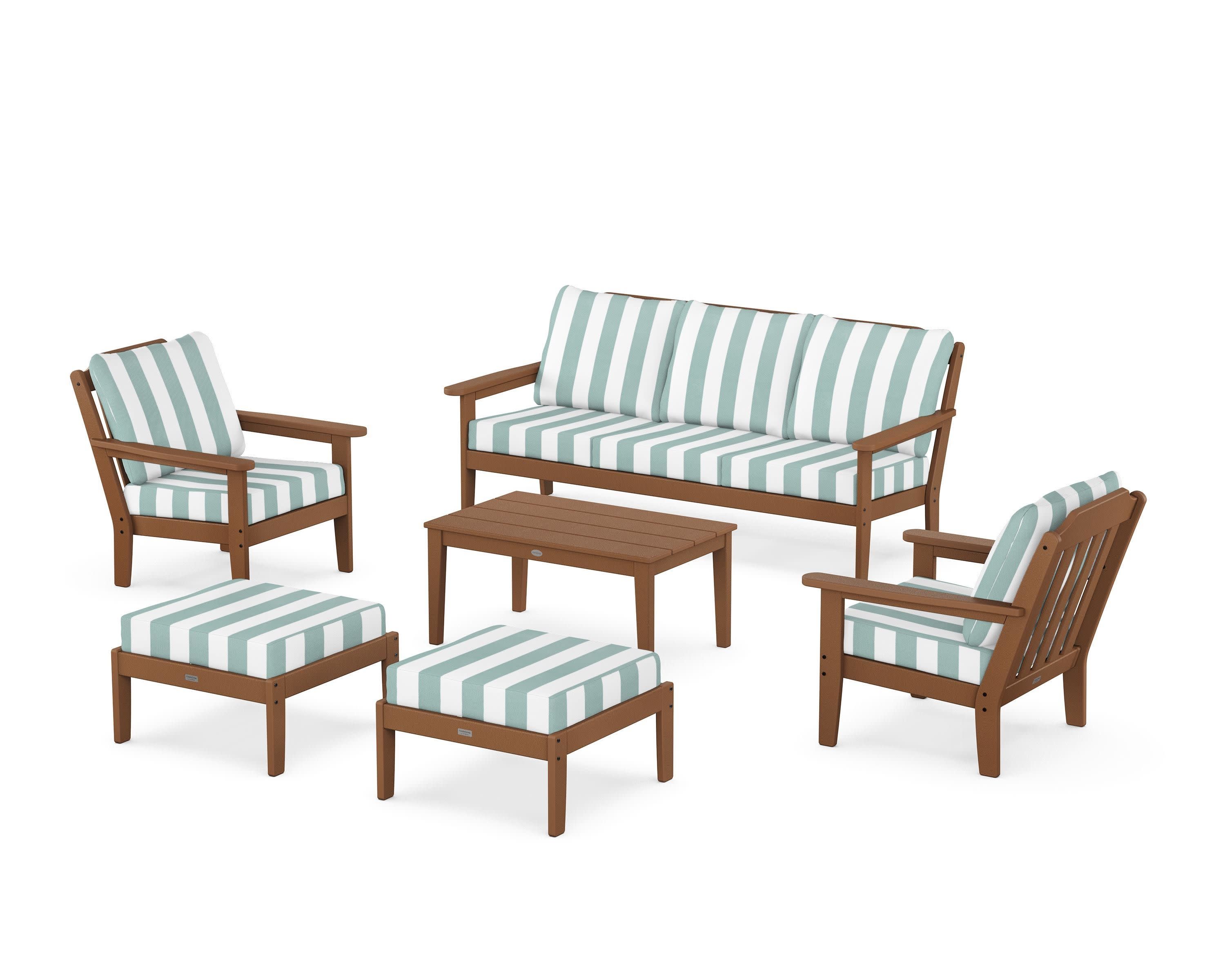Cottage 6-Piece Lounge Sofa Set in Teak / Cabana Stripe Glacier Spa