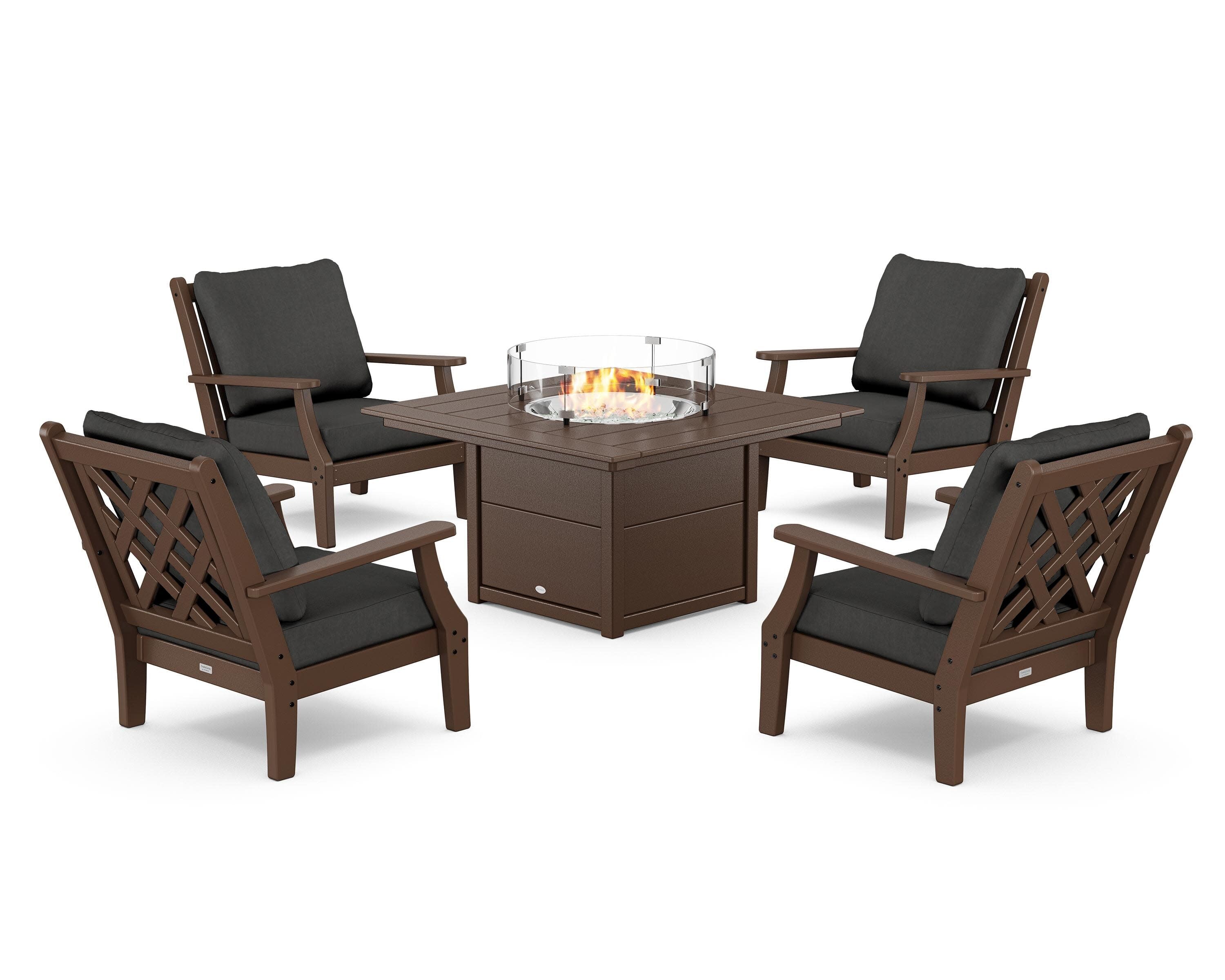 Wovendale 5-Piece Deep Seating Set with Fire Pit Table in Mahogany / Spectrum Carbon