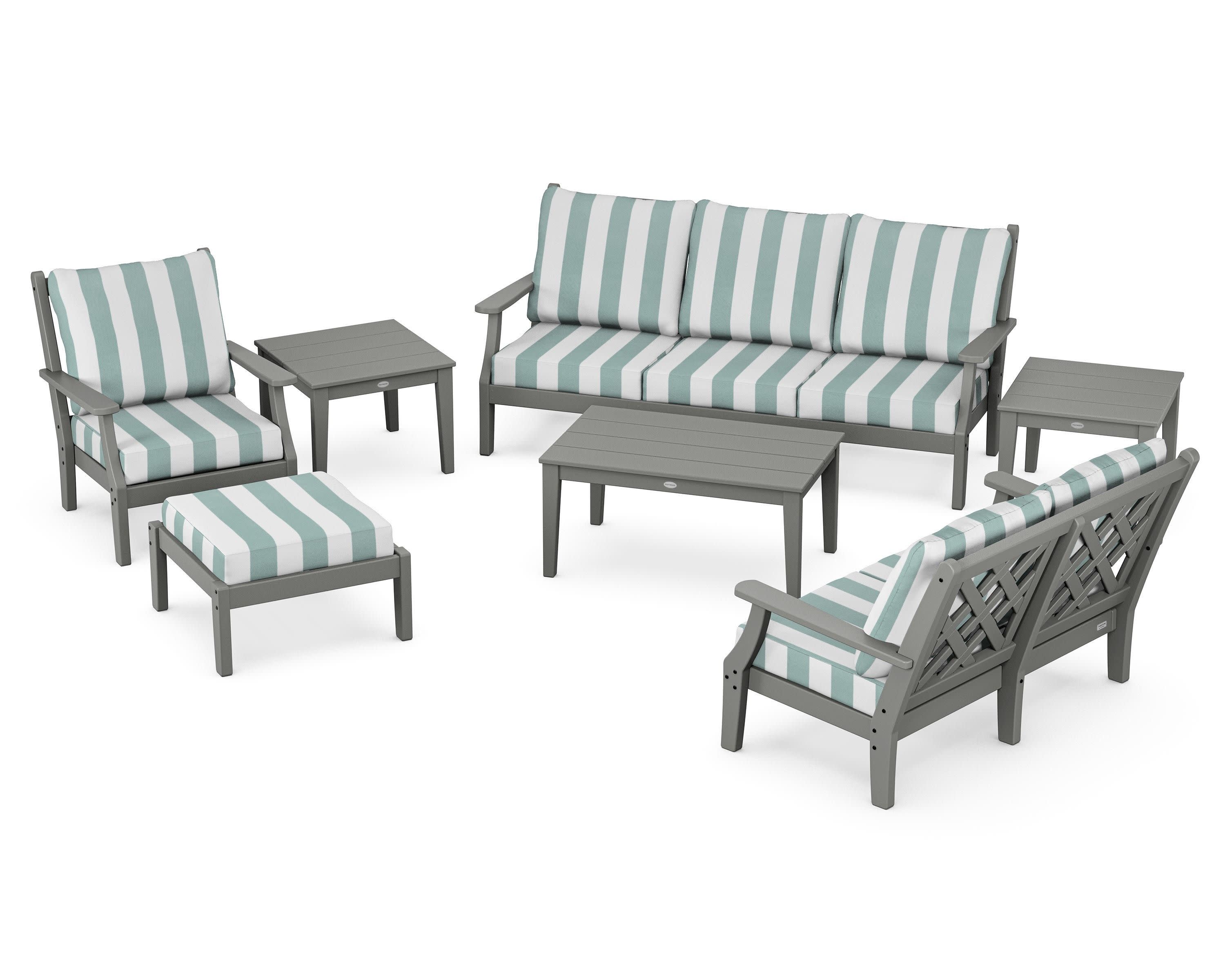 Wovendale 7-Piece Deep Seating Set in Slate Grey / Cabana Stripe Glacier Spa