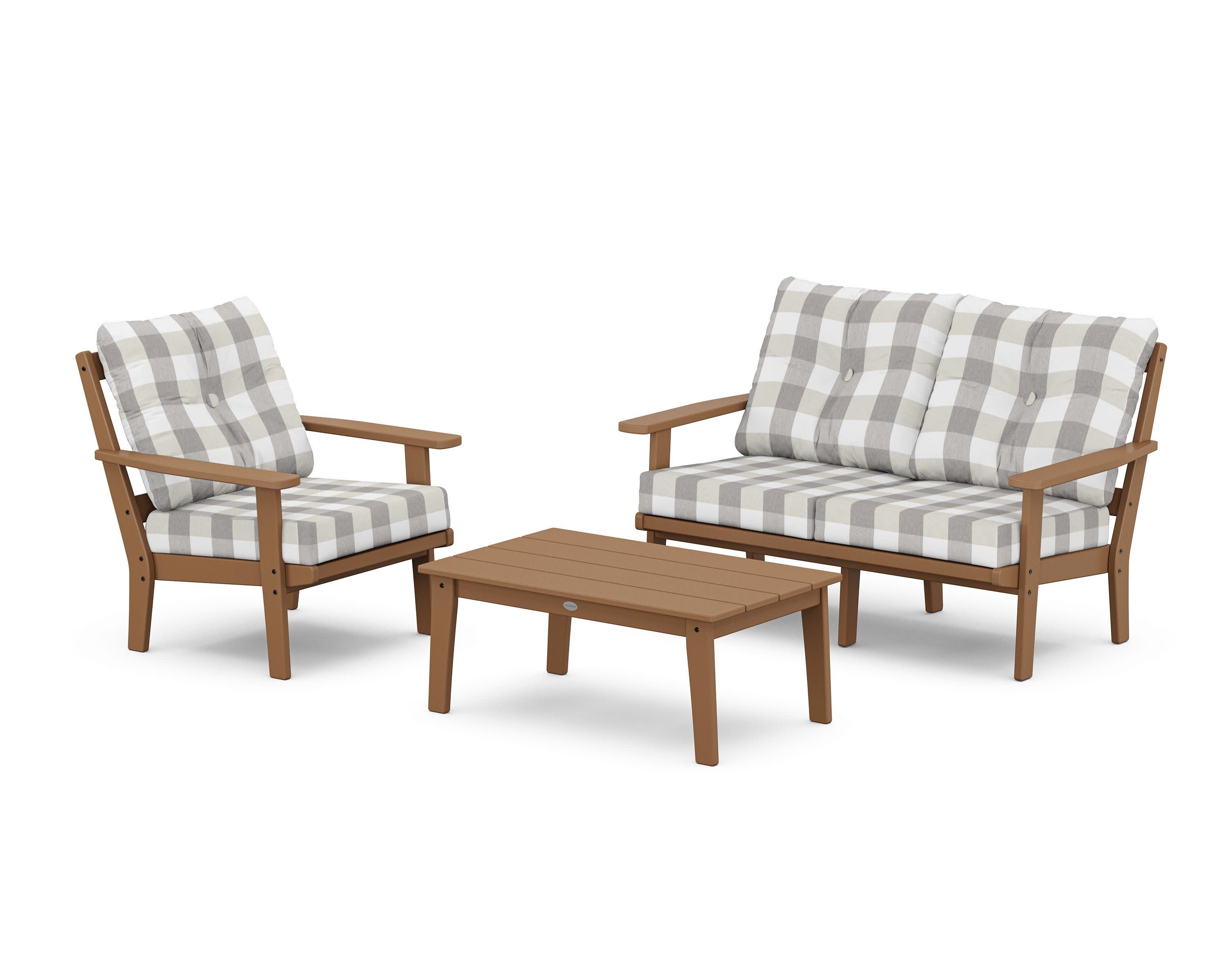 Prairie 3-Piece Deep Seating Set with Loveseat in Teak / Buffalo Plaid Grey Mist