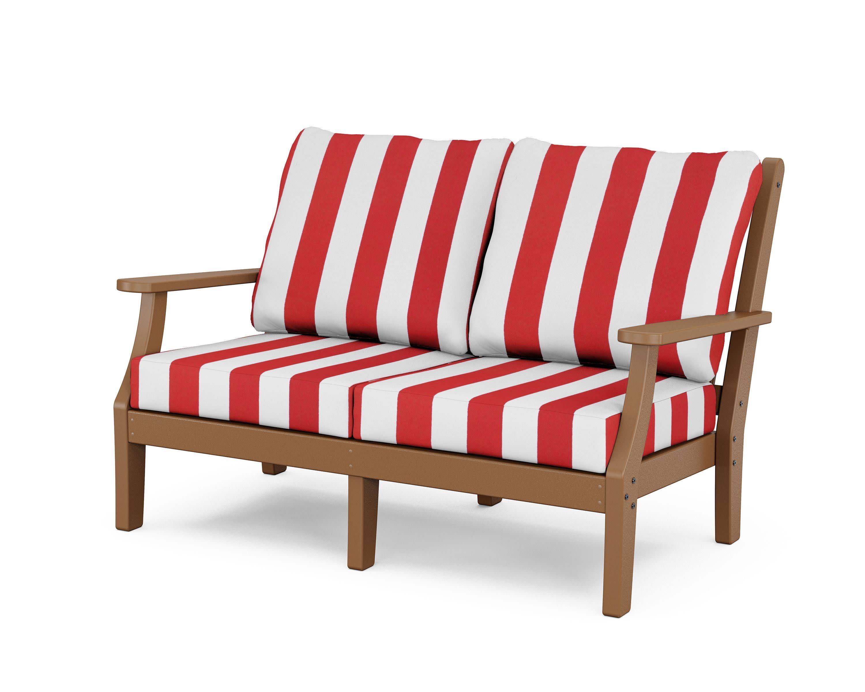Wovendale Deep Seating Loveseat in Teak / Cabana Stripe Crimson