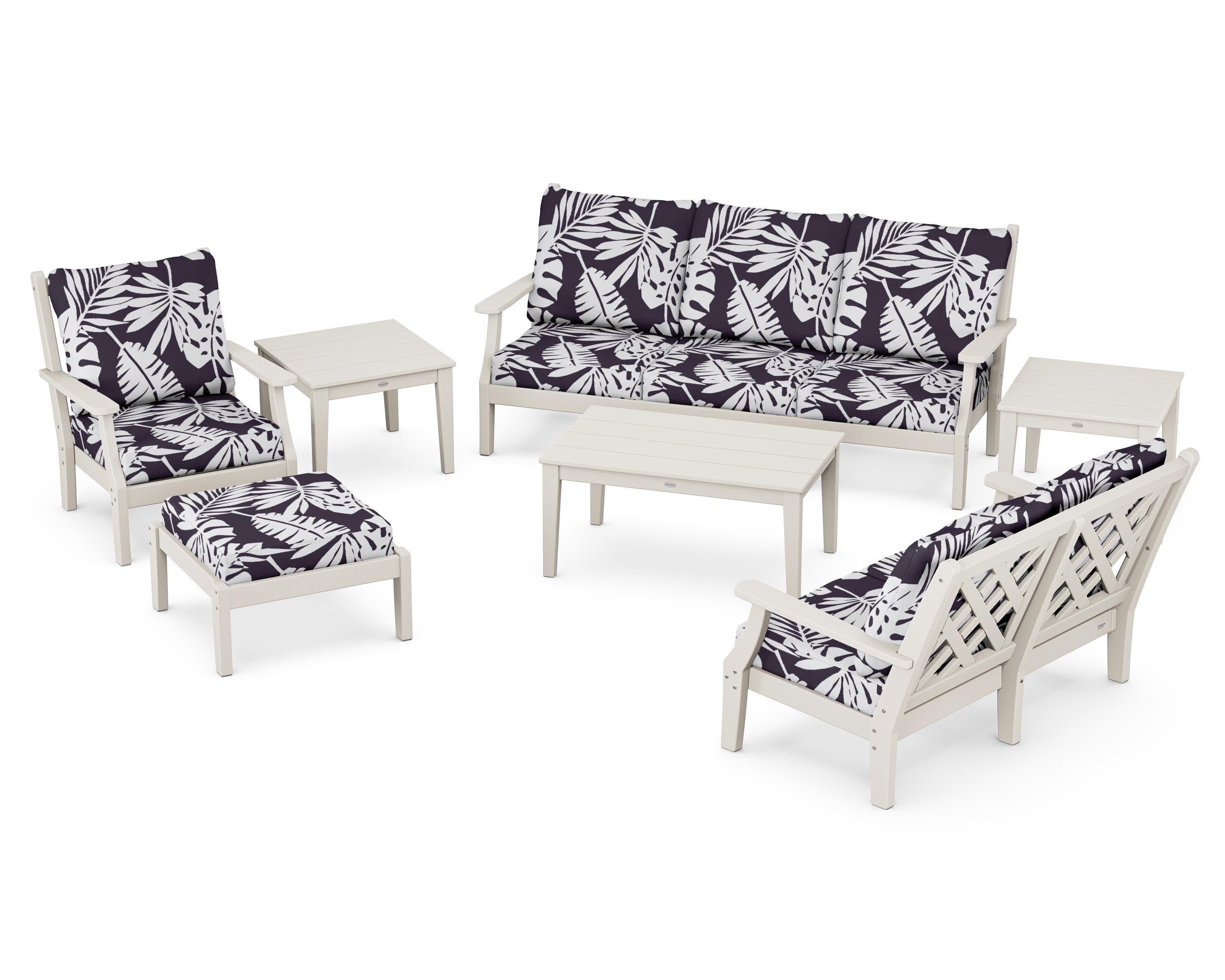 Wovendale 7-Piece Deep Seating Set in Sand / Leaf Navy