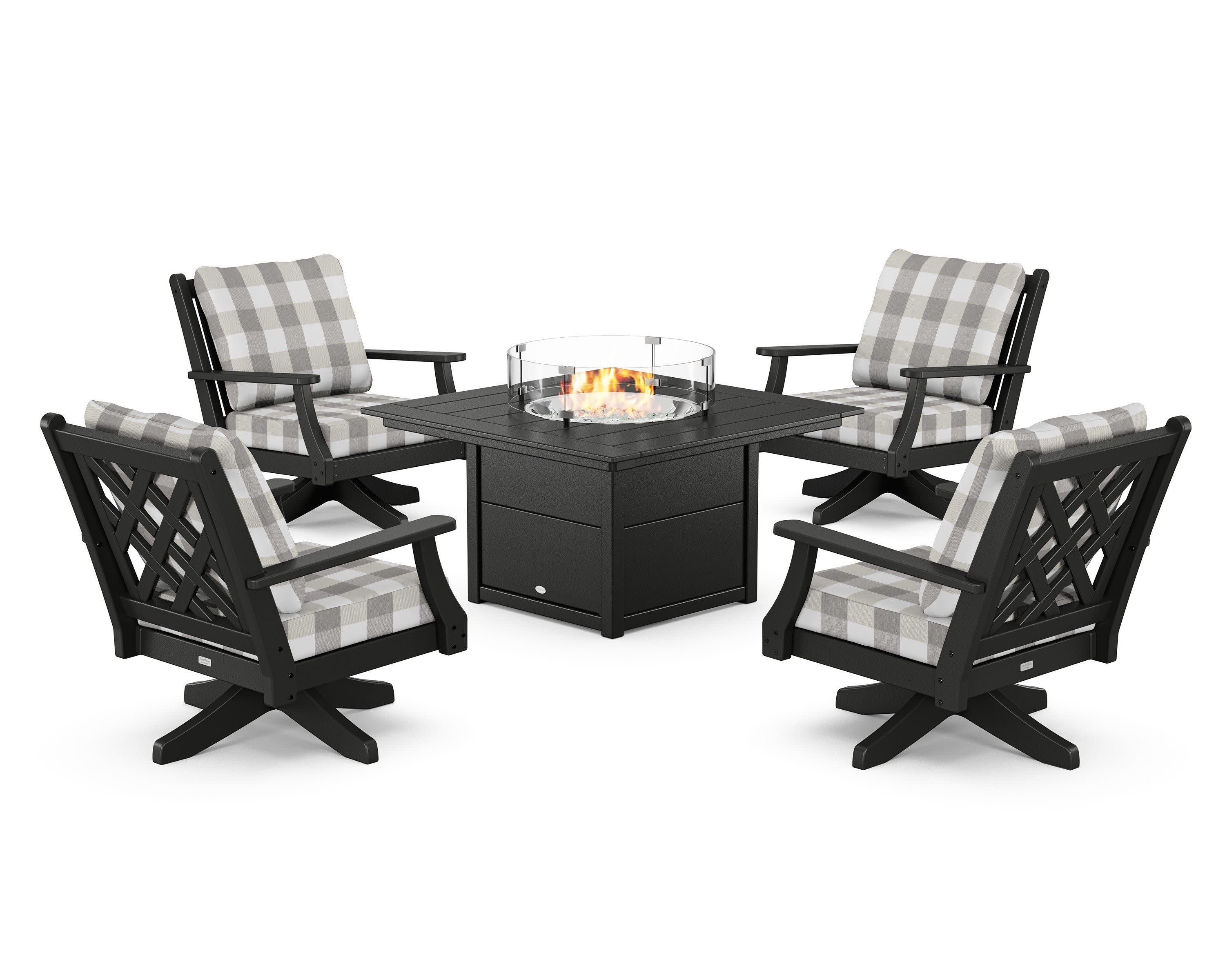 Wovendale 5-Piece Deep Seating Swivel Conversation Set with Fire Pit Table in Black / Buffalo Plaid Grey Mist