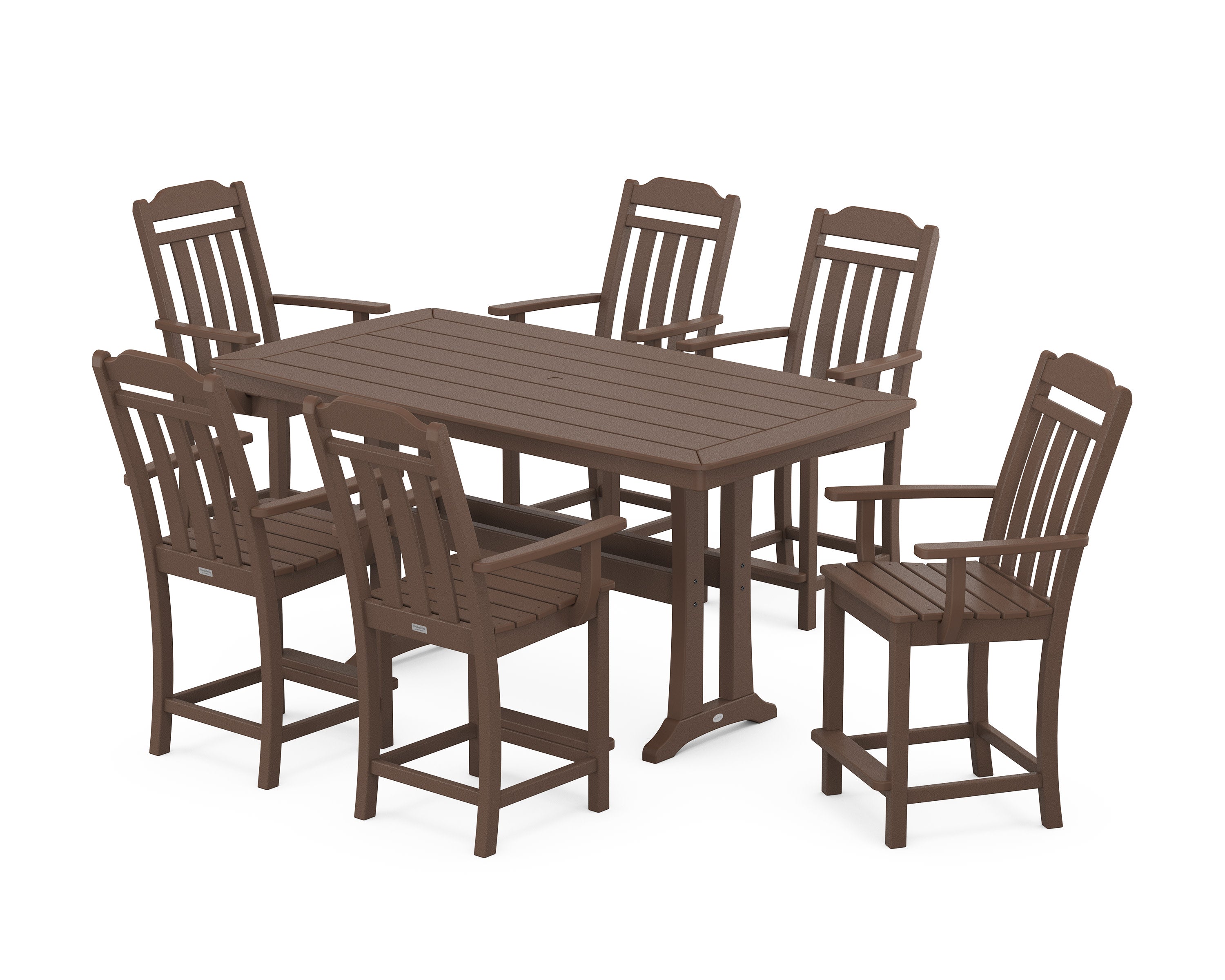 Cottage Arm Chair 7-Piece Counter Set with Trestle Legs in Mahogany
