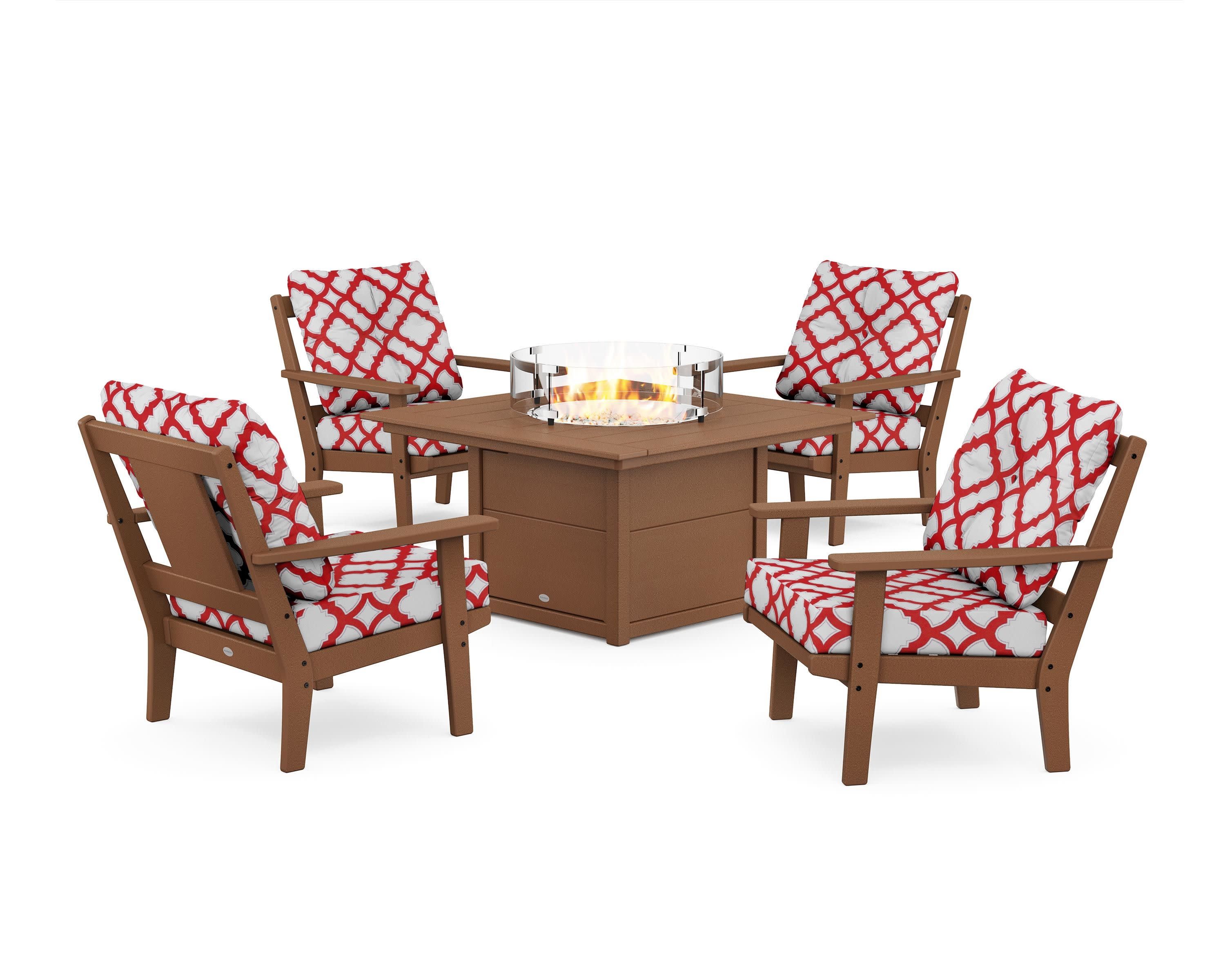 Prairie 5-Piece Deep Seating Set with Fire Pit Table in Teak / Trellis Crimson