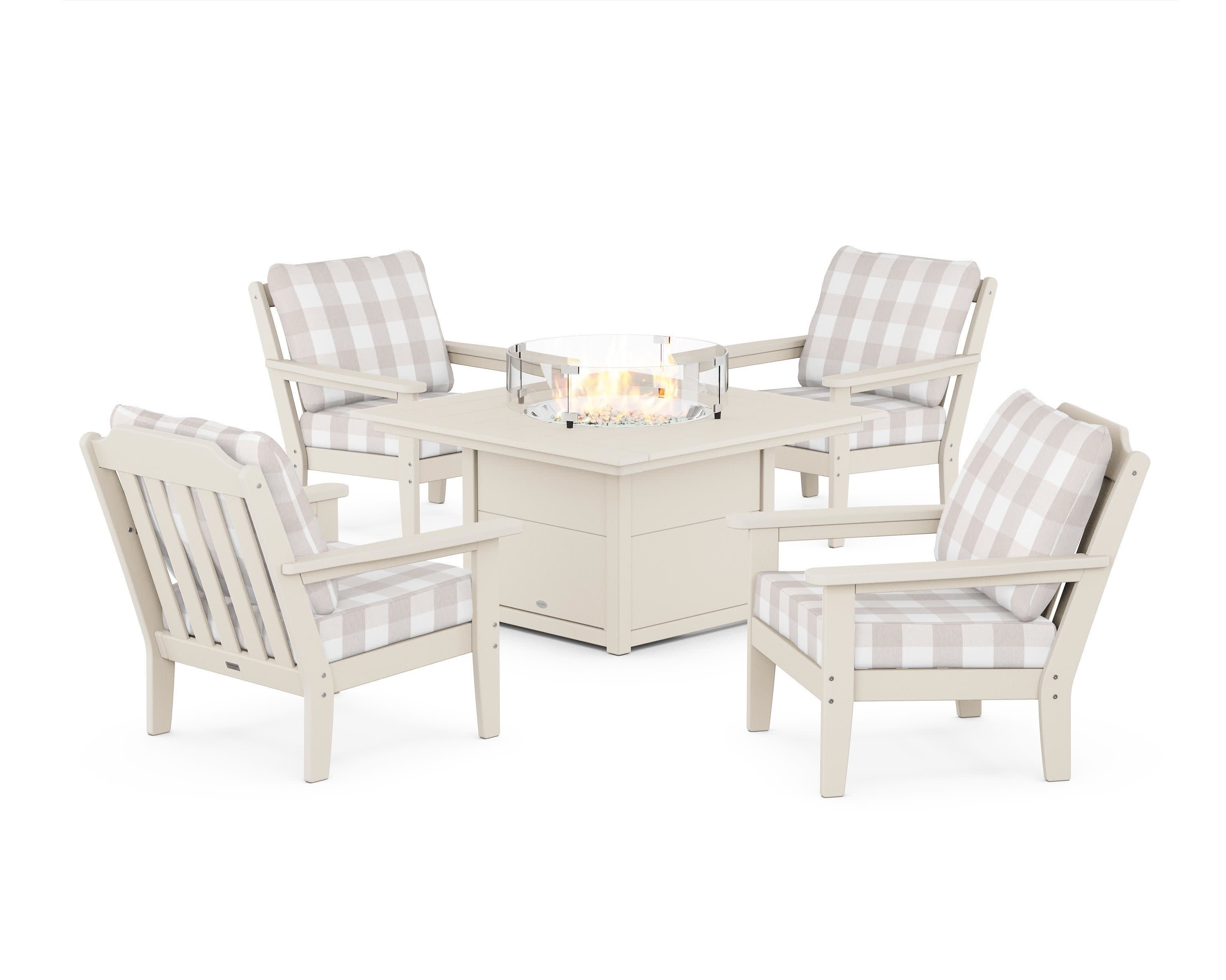 Cottage 5-Piece Deep Seating Set with Fire Pit Table in Sand / Buffalo Plaid Dune Burlap