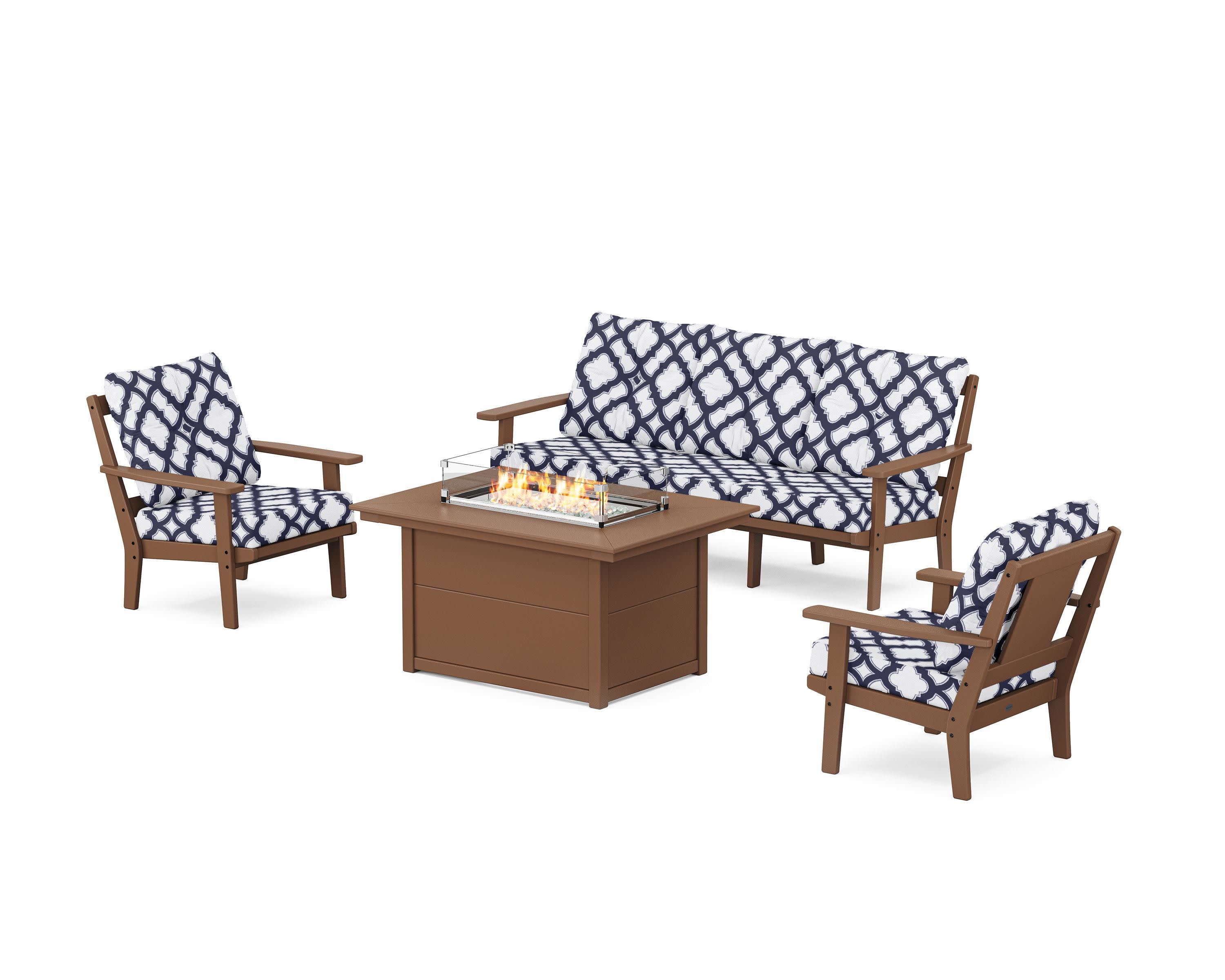 Prairie Deep Seating Fire Pit Table Set in Teak / Trellis Navy