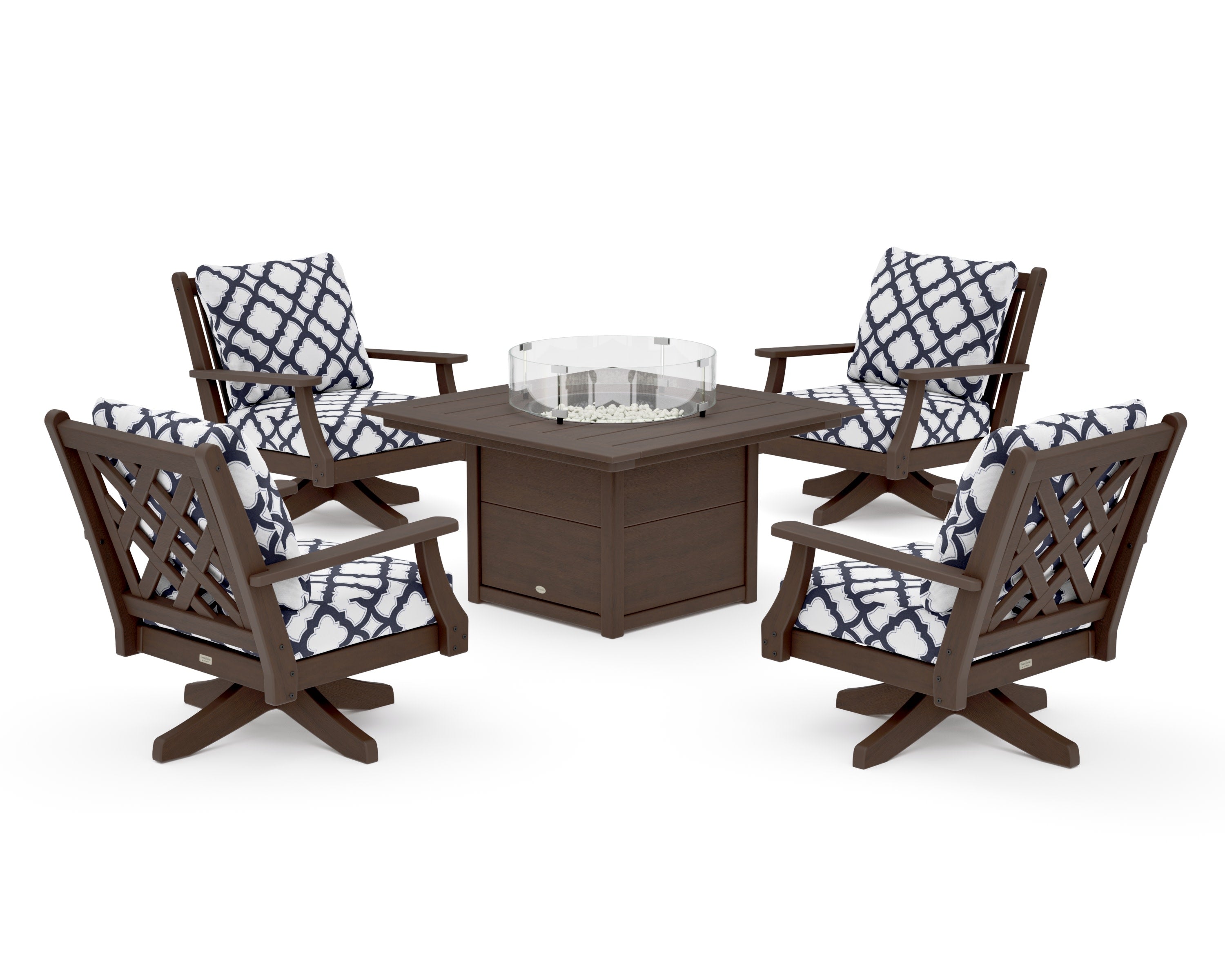 Wovendale 5-Piece Deep Seating Swivel Conversation Set with Fire Pit Table in Kona / Trellis Navy