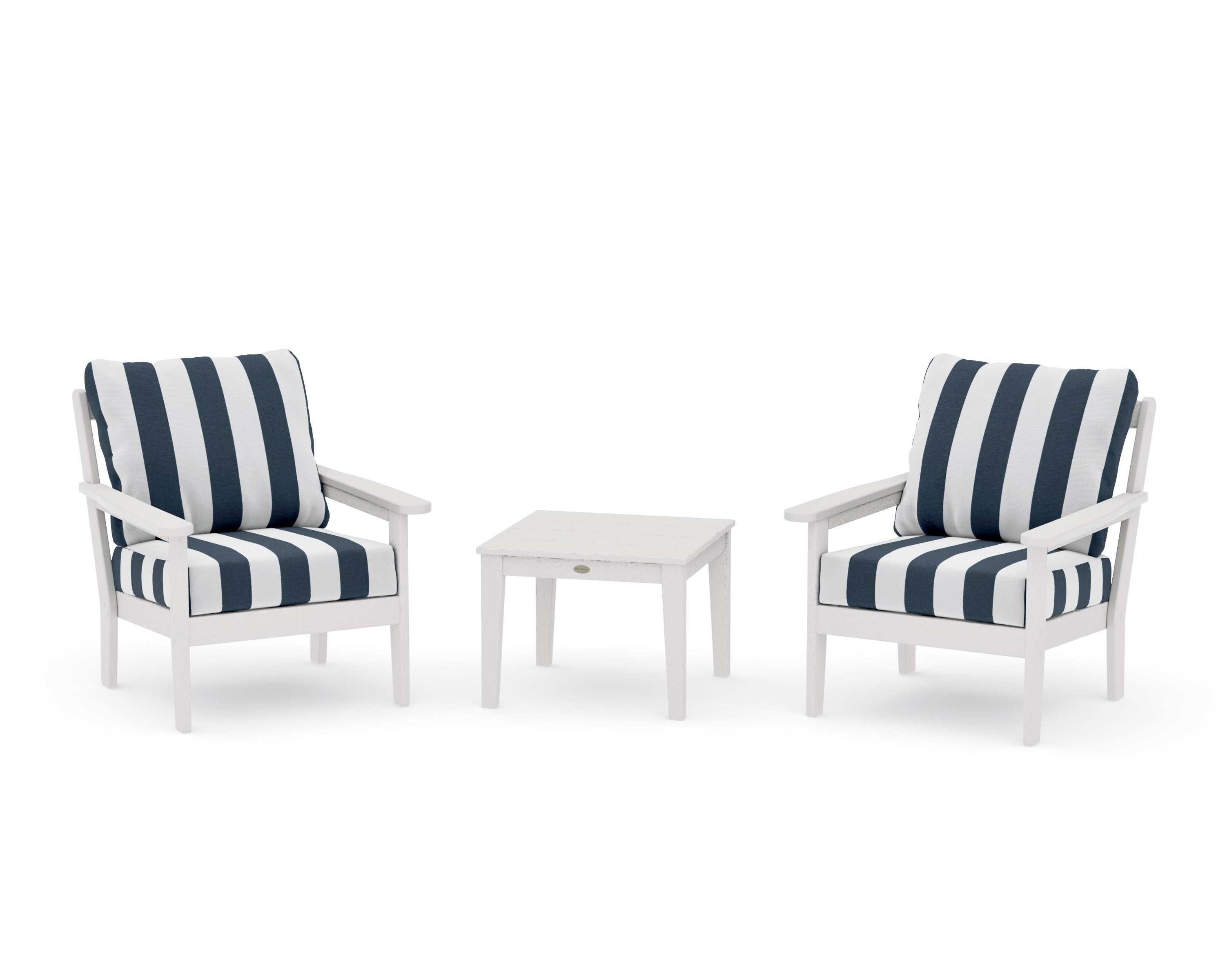 Cottage 3-Piece Deep Seating Set in Vintage White / Cabana Stripe Marine Indigo