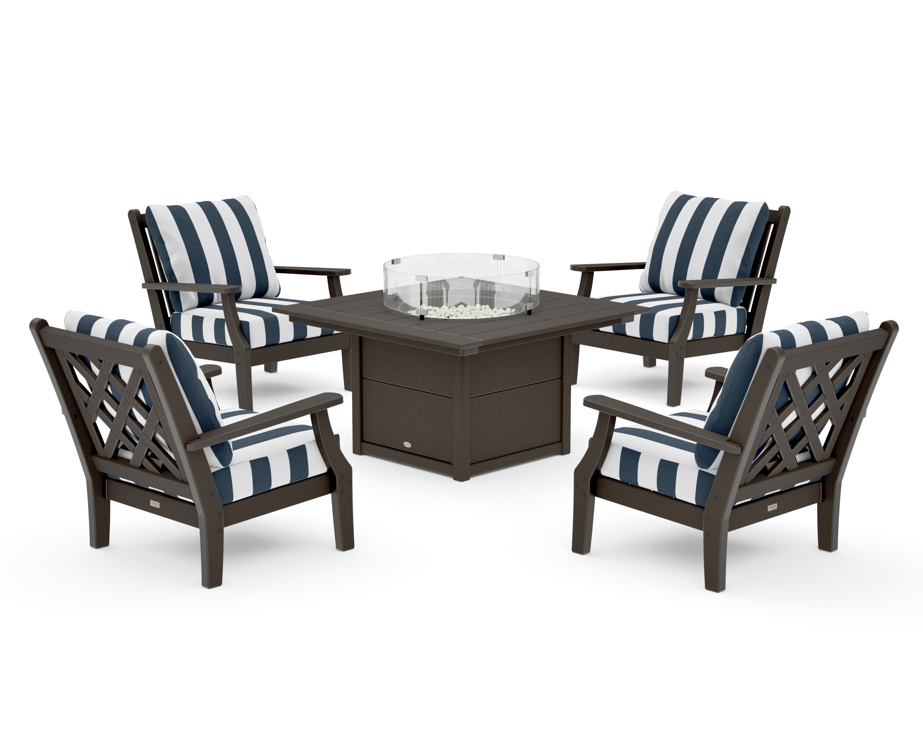 Wovendale 5-Piece Deep Seating Set with Fire Pit Table in Vintage Coffee / Cabana Stripe Marine Indigo