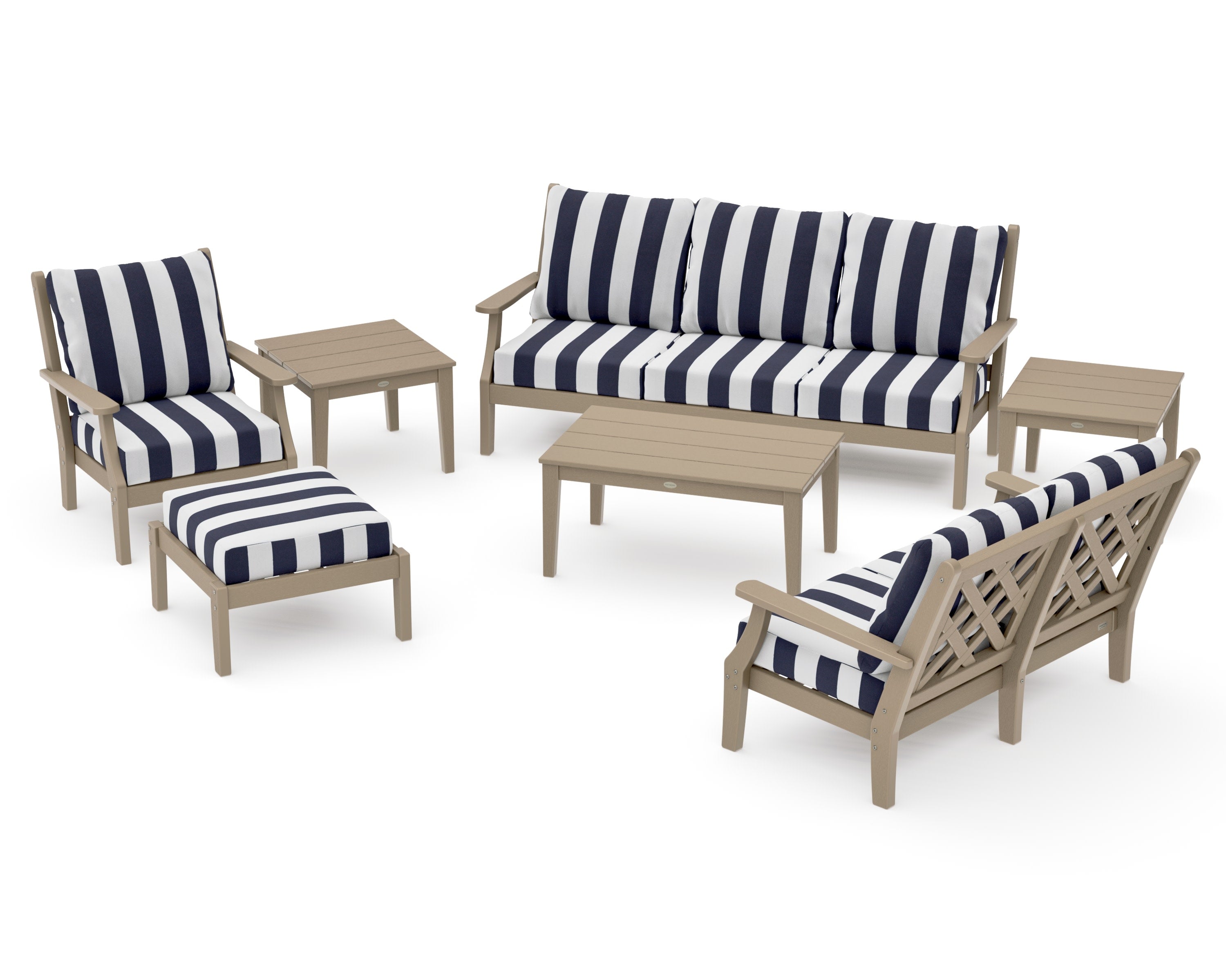 Wovendale 7-Piece Deep Seating Set in Vintage Sahara / Cabana Stripe Navy
