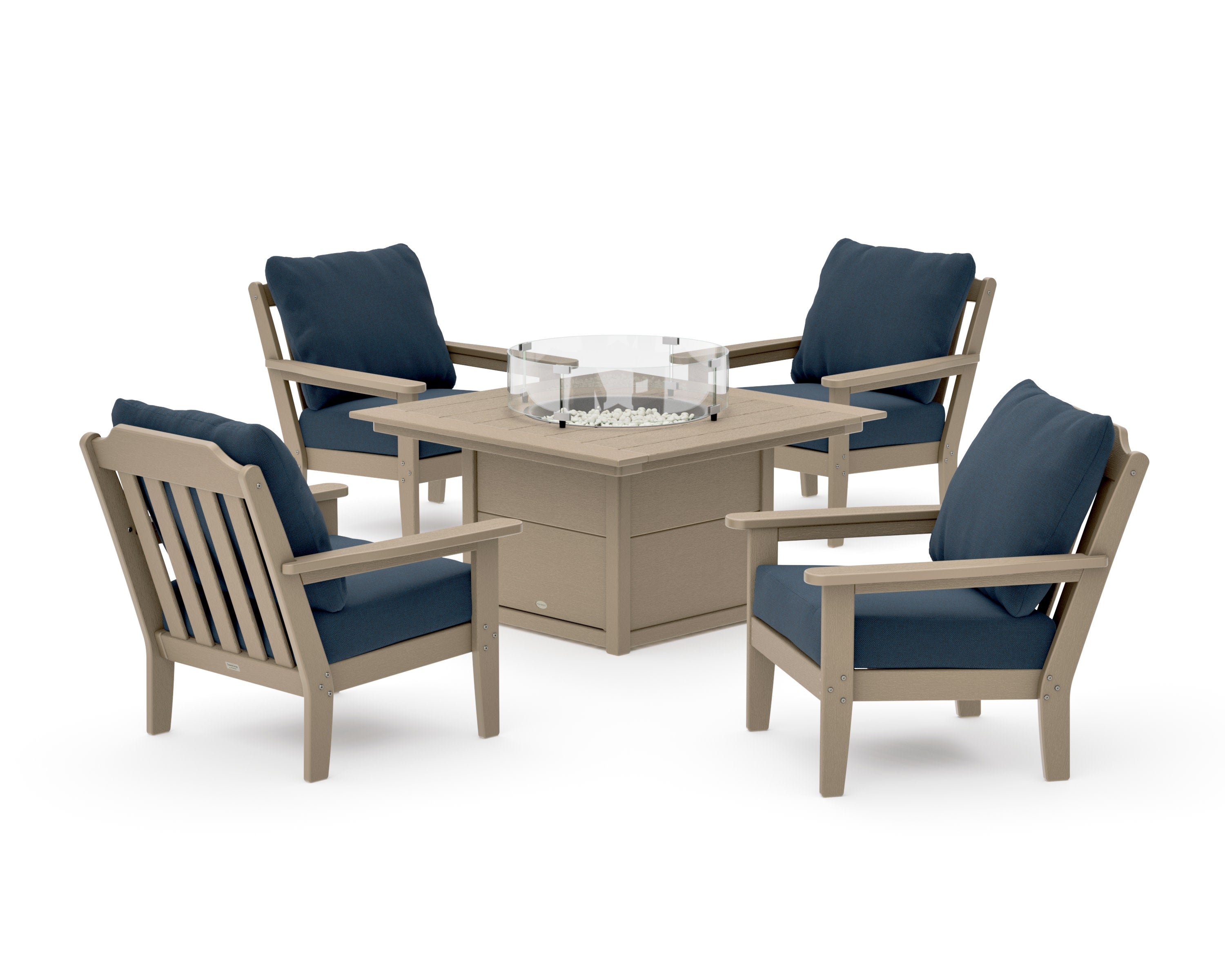 Cottage 5-Piece Deep Seating Set with Fire Pit Table in Vintage Sahara / Marine Indigo