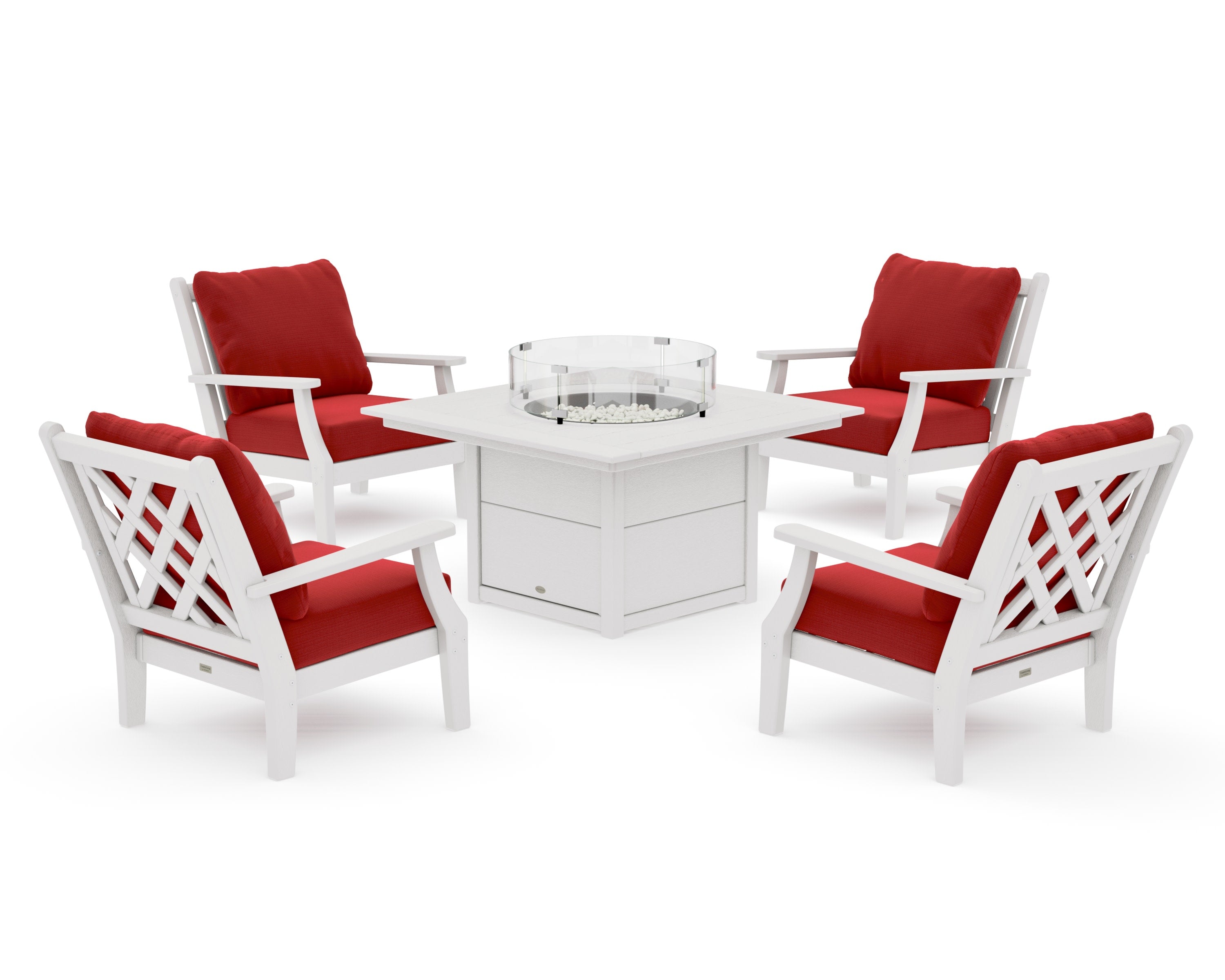 Wovendale 5-Piece Deep Seating Set with Fire Pit Table in Vintage White / Crimson Linen