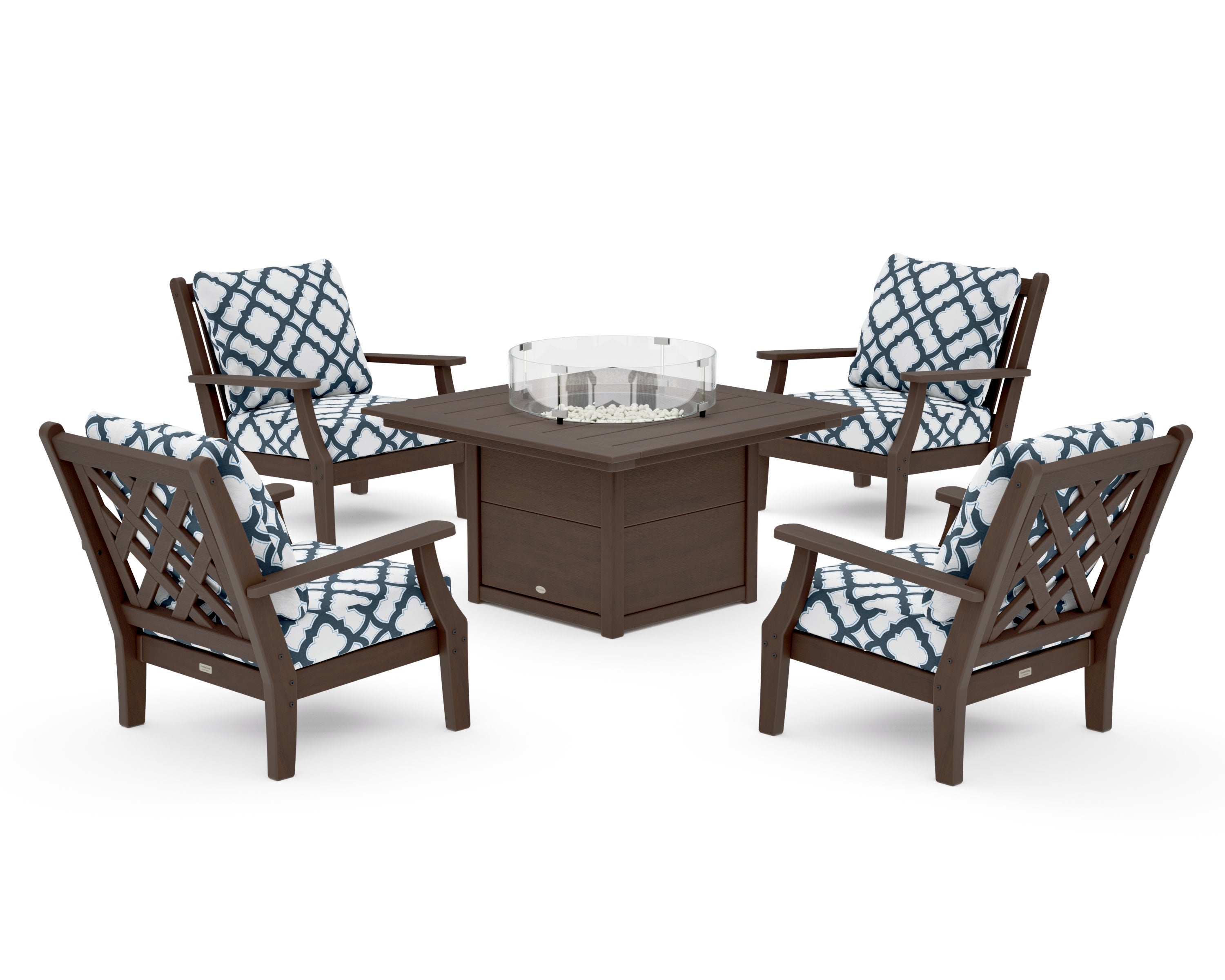 Wovendale 5-Piece Deep Seating Set with Fire Pit Table in Kona / Trellis Marine Indigo