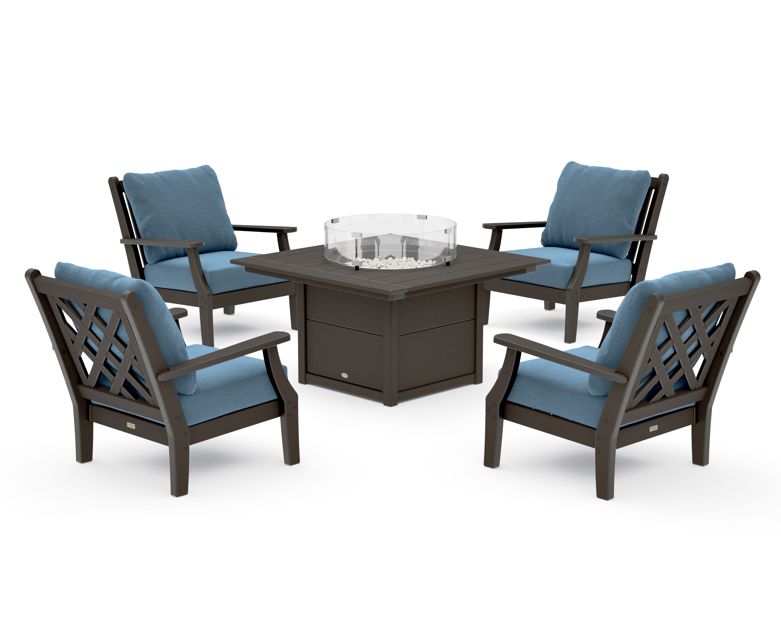 Wovendale 5-Piece Deep Seating Set with Fire Pit Table in Vintage Coffee / Sky Blue