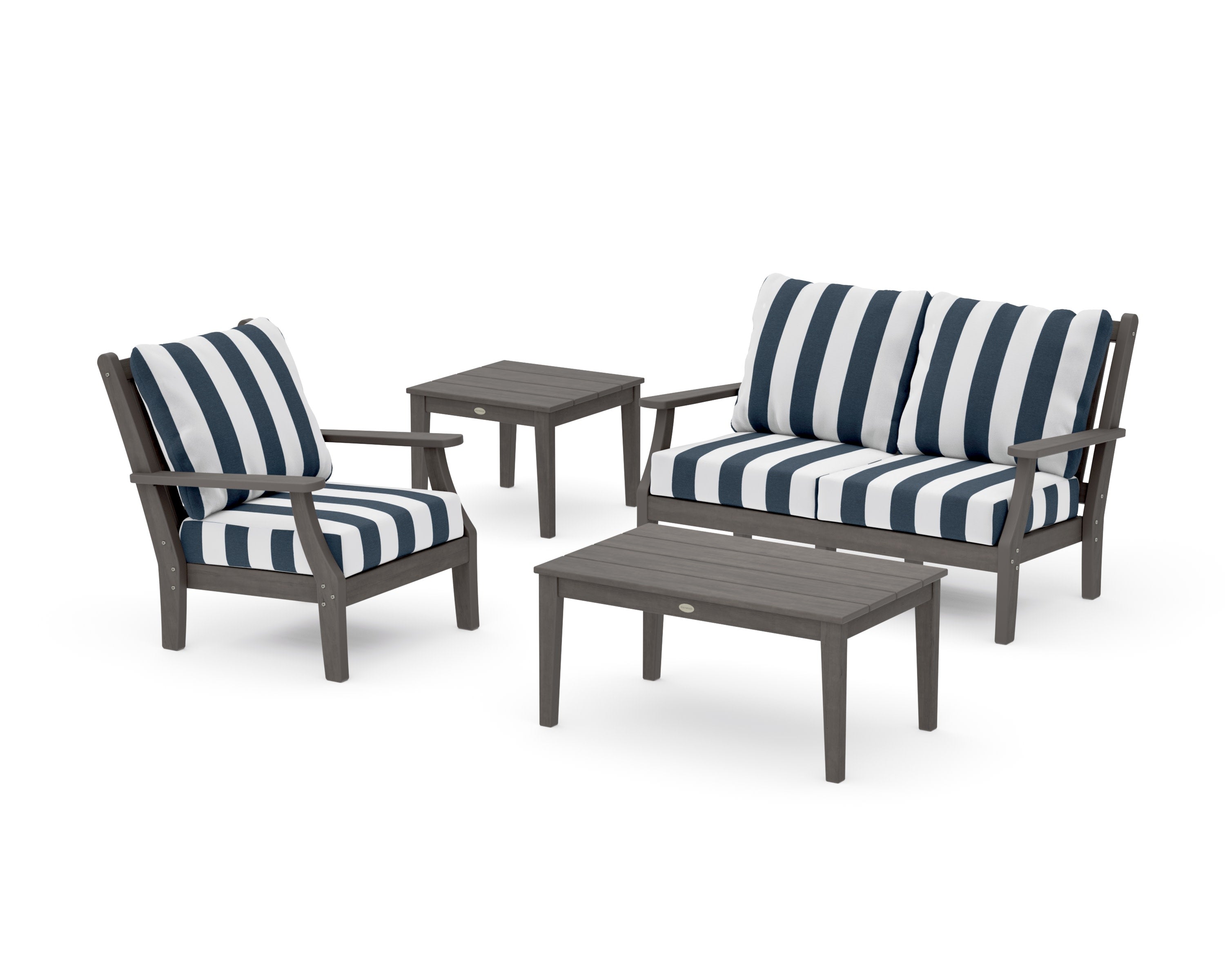 Wovendale 4-Piece Deep Seating Set in Driftwood / Cabana Stripe Marine Indigo