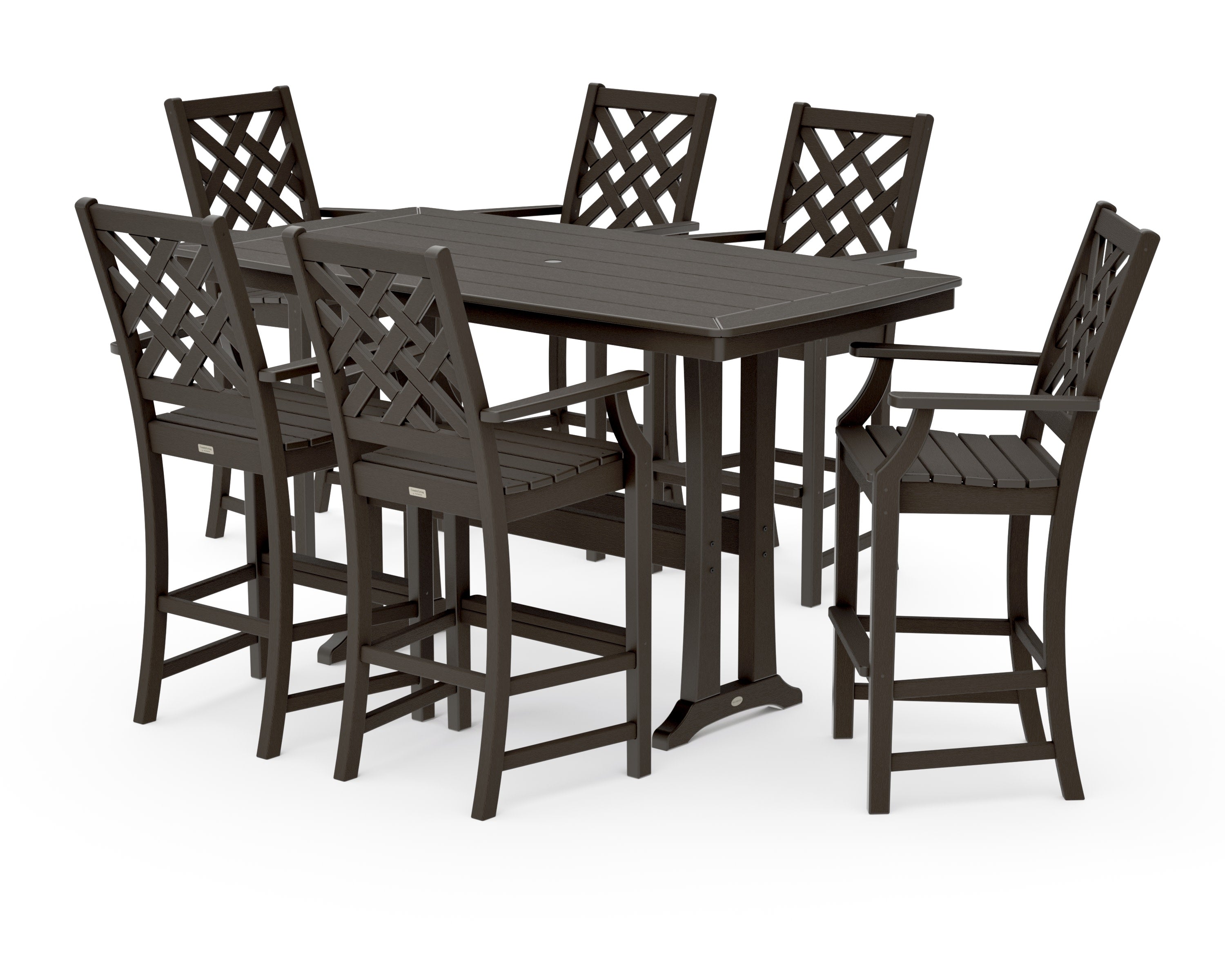 Wovendale Arm Chair 7-Piece Bar Set with Trestle Legs in Vintage Coffee