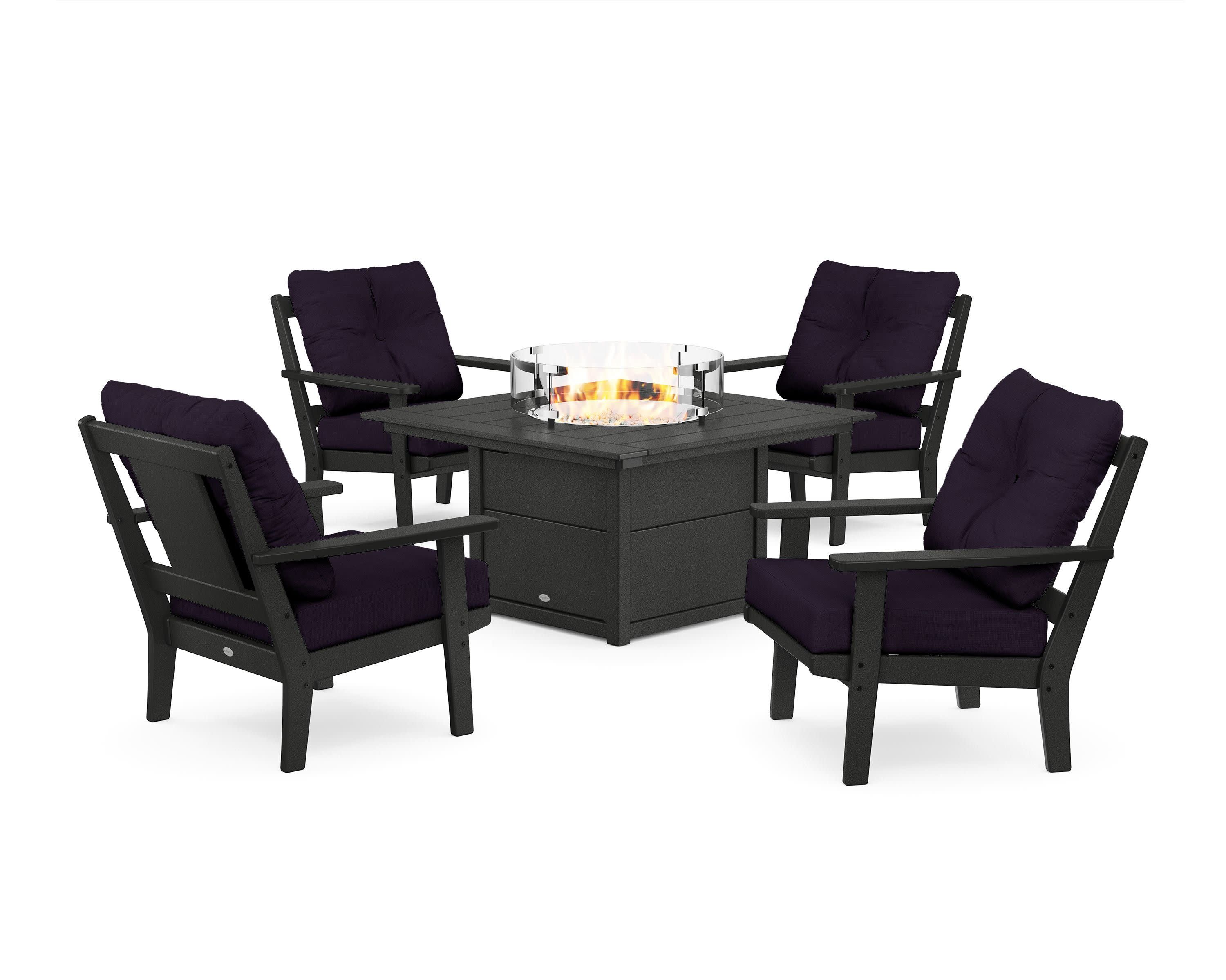 Prairie 5-Piece Deep Seating Set with Fire Pit Table in Black / Navy Linen
