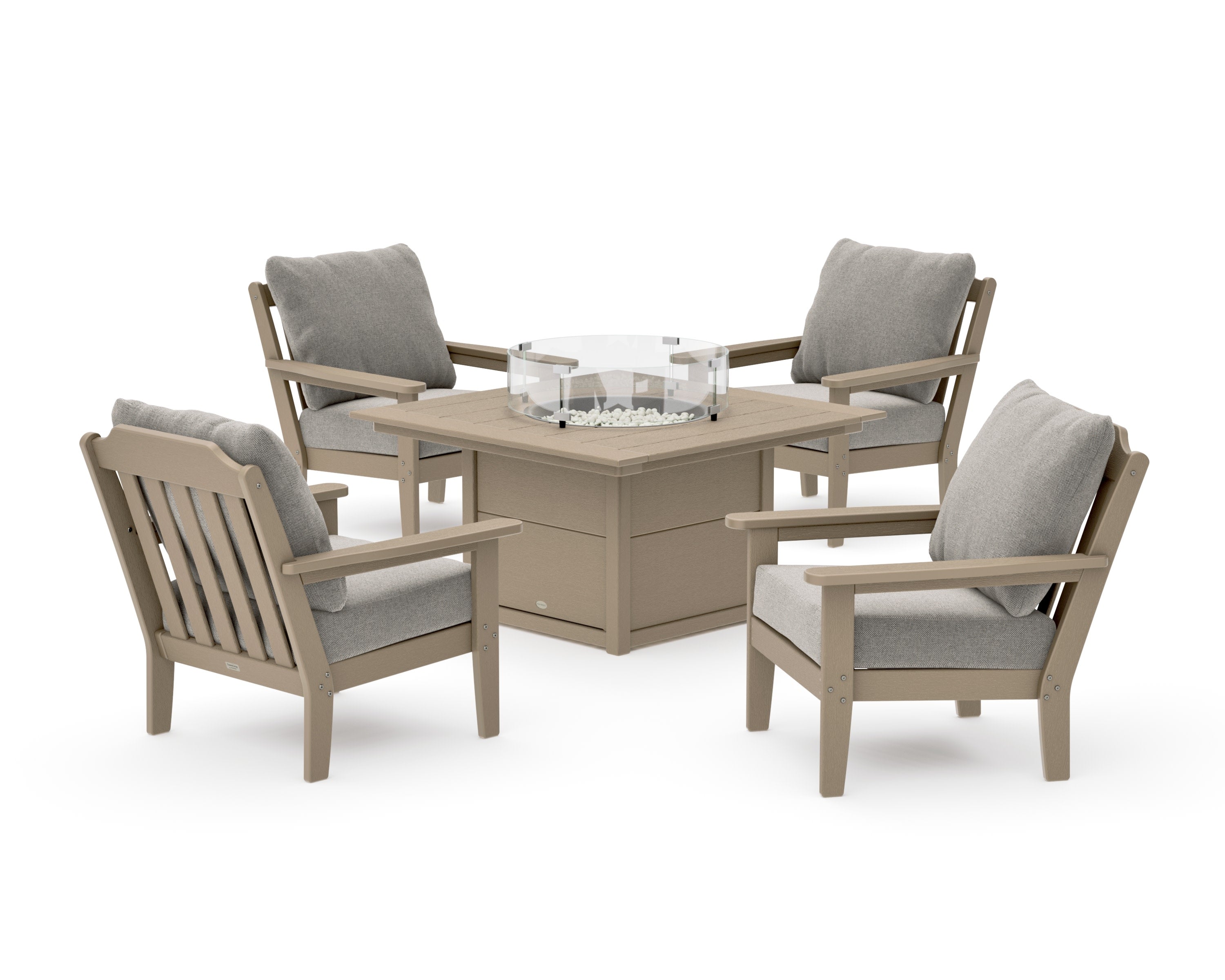 Cottage 5-Piece Deep Seating Set with Fire Pit Table in Vintage Sahara / Weathered Tweed
