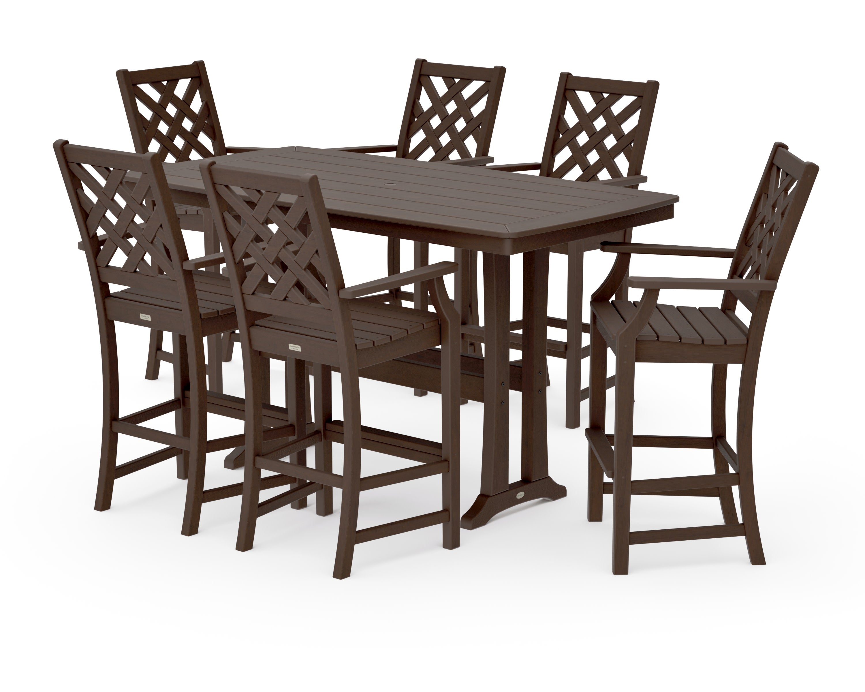 Wovendale Arm Chair 7-Piece Bar Set with Trestle Legs in Kona
