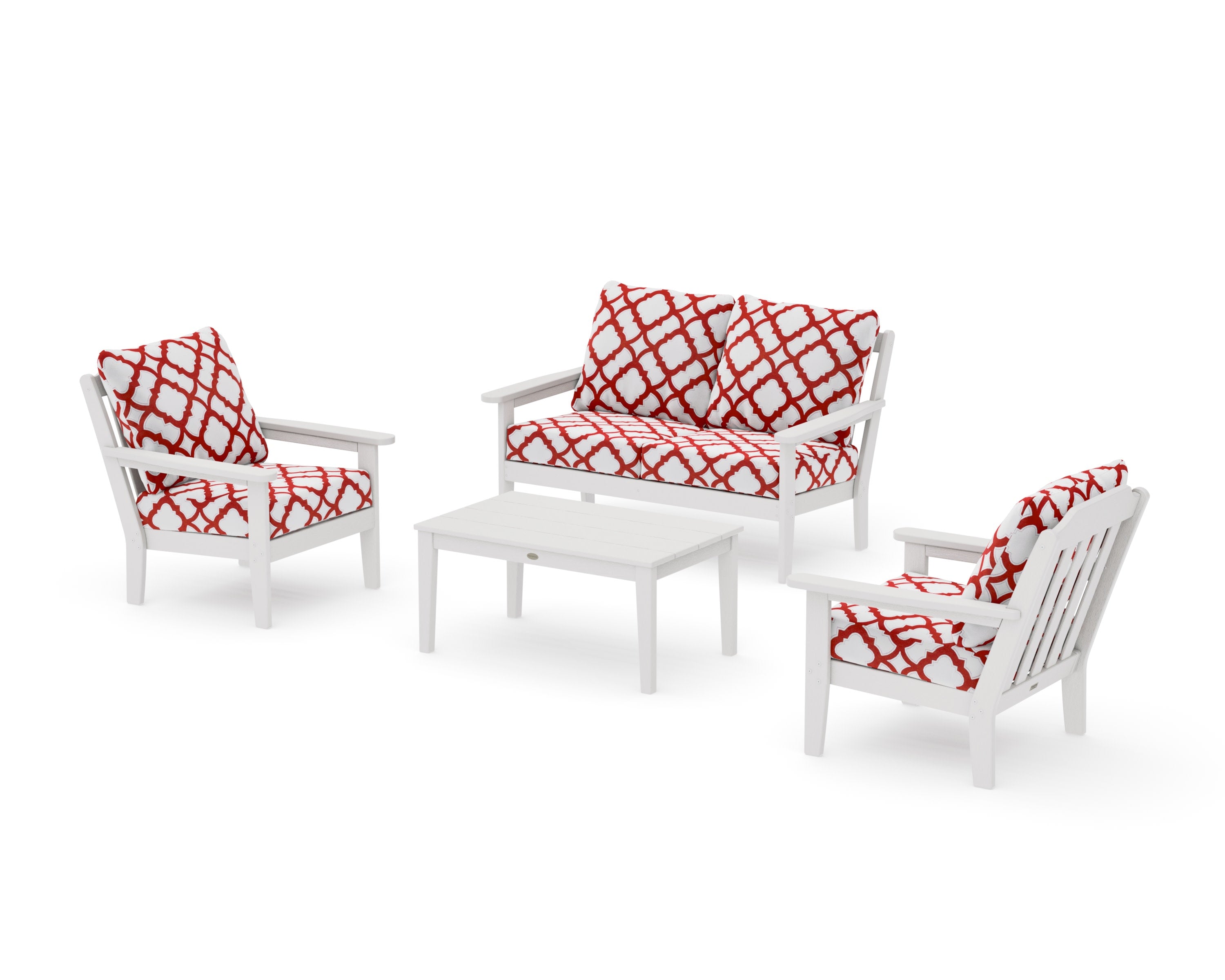 Cottage 4-Piece Deep Seating Set with Loveseat in Vintage White / Trellis Crimson