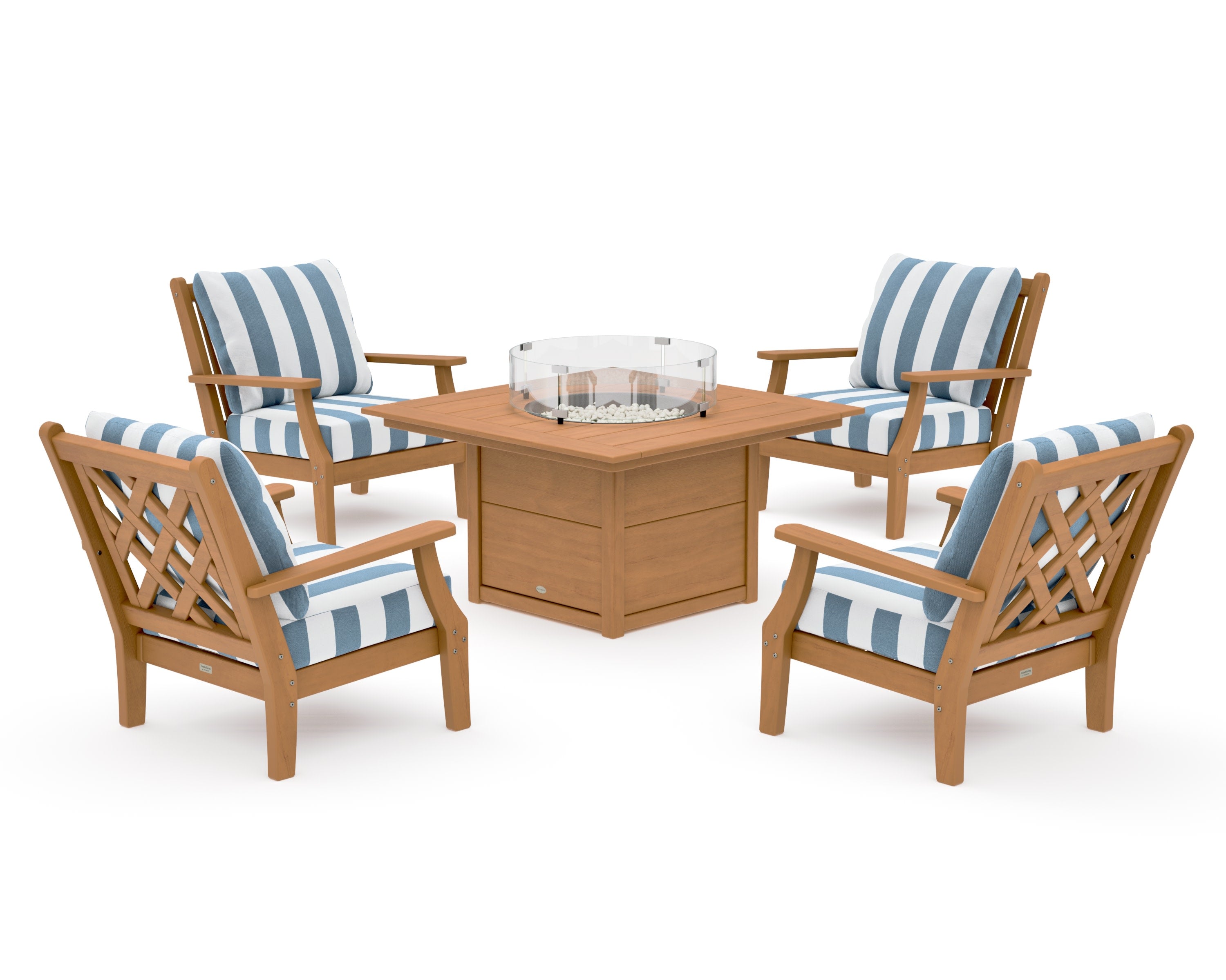 Wovendale 5-Piece Deep Seating Set with Fire Pit Table in Natural / Cabana Stripe Sky Blue