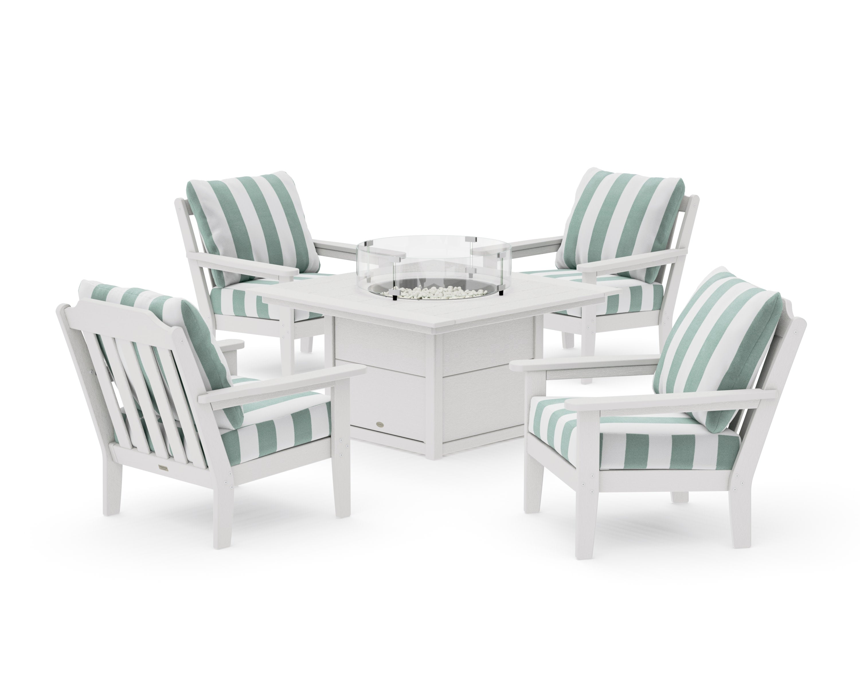 Cottage 5-Piece Deep Seating Set with Fire Pit Table in Vintage White / Cabana Stripe Glacier Spa