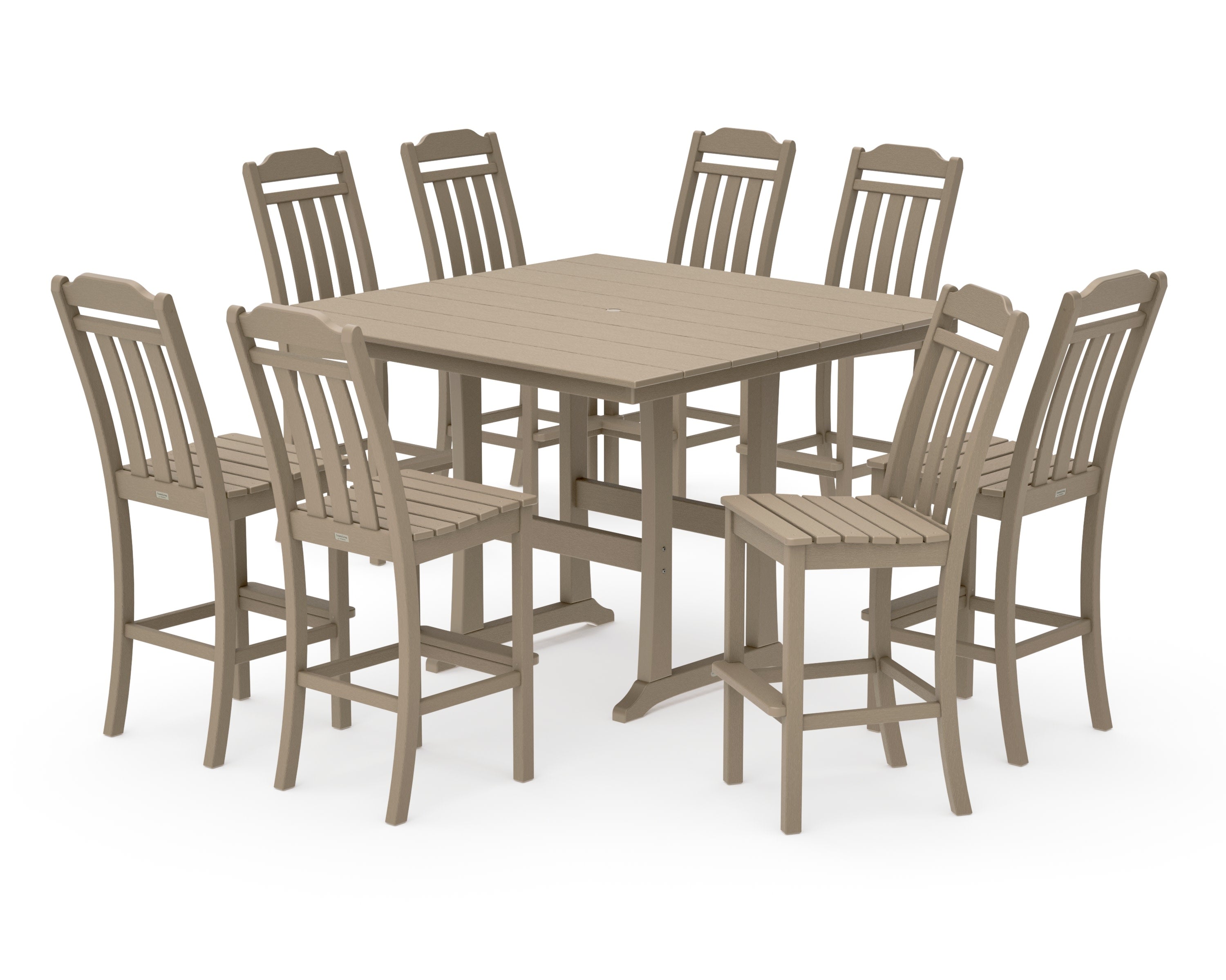 Cottage 9-Piece Square Farmhouse Side Chair Bar Set with Trestle Legs in Vintage Sahara