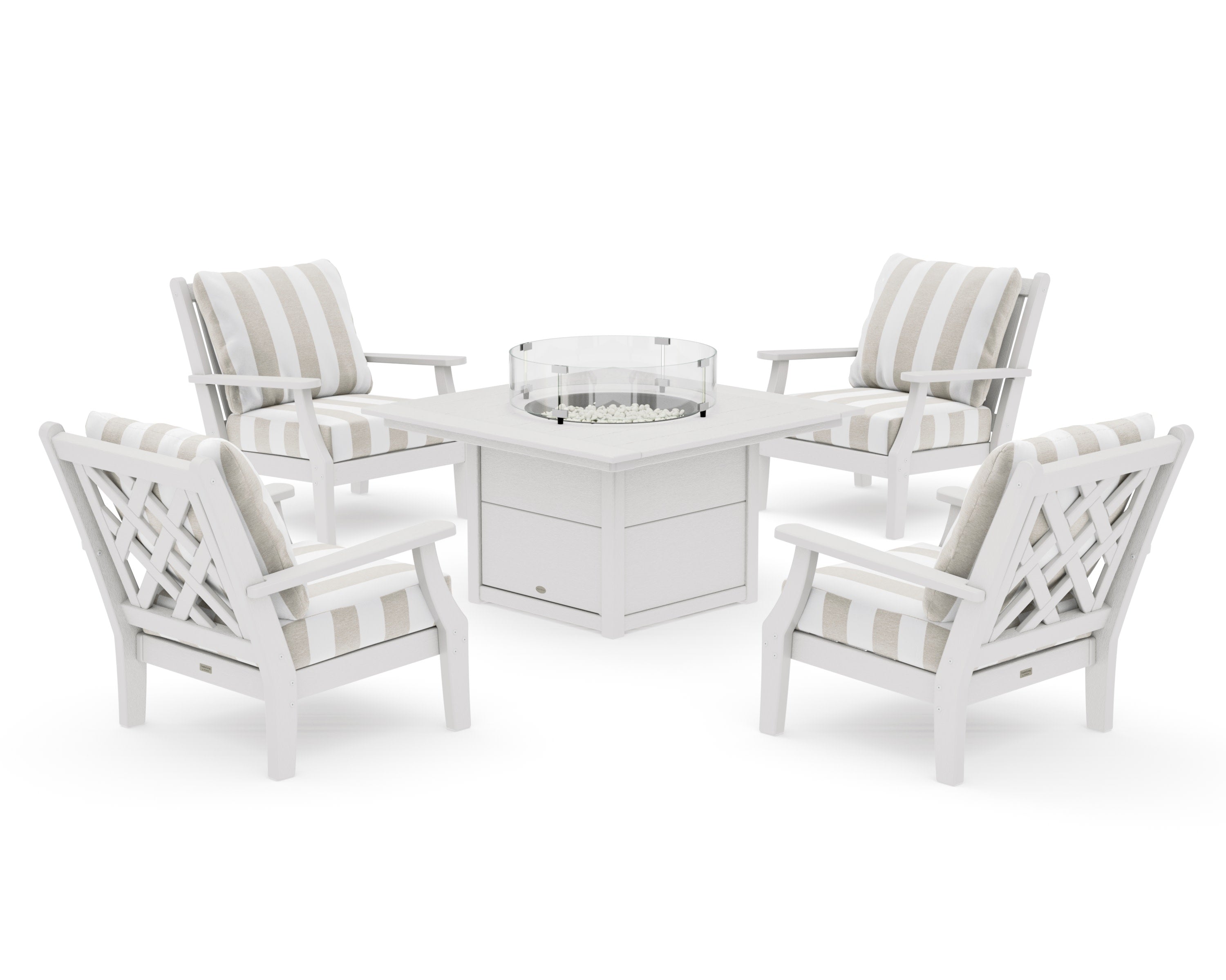 Wovendale 5-Piece Deep Seating Set with Fire Pit Table in Vintage White / Cabana Stripe Dune Burlap