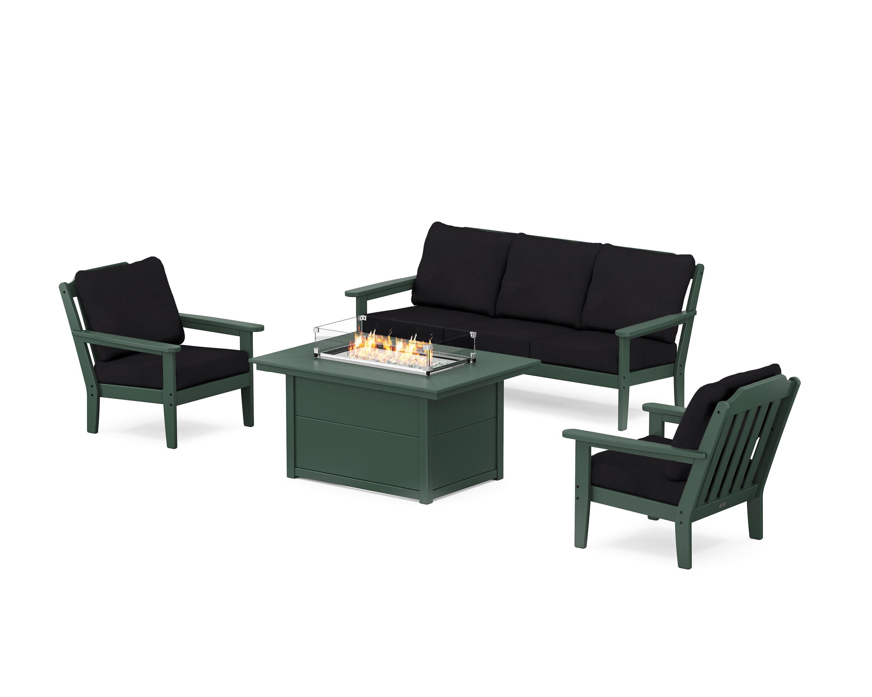 Cottage Deep Seating Fire Pit Table Set in Green / Midnight Linen