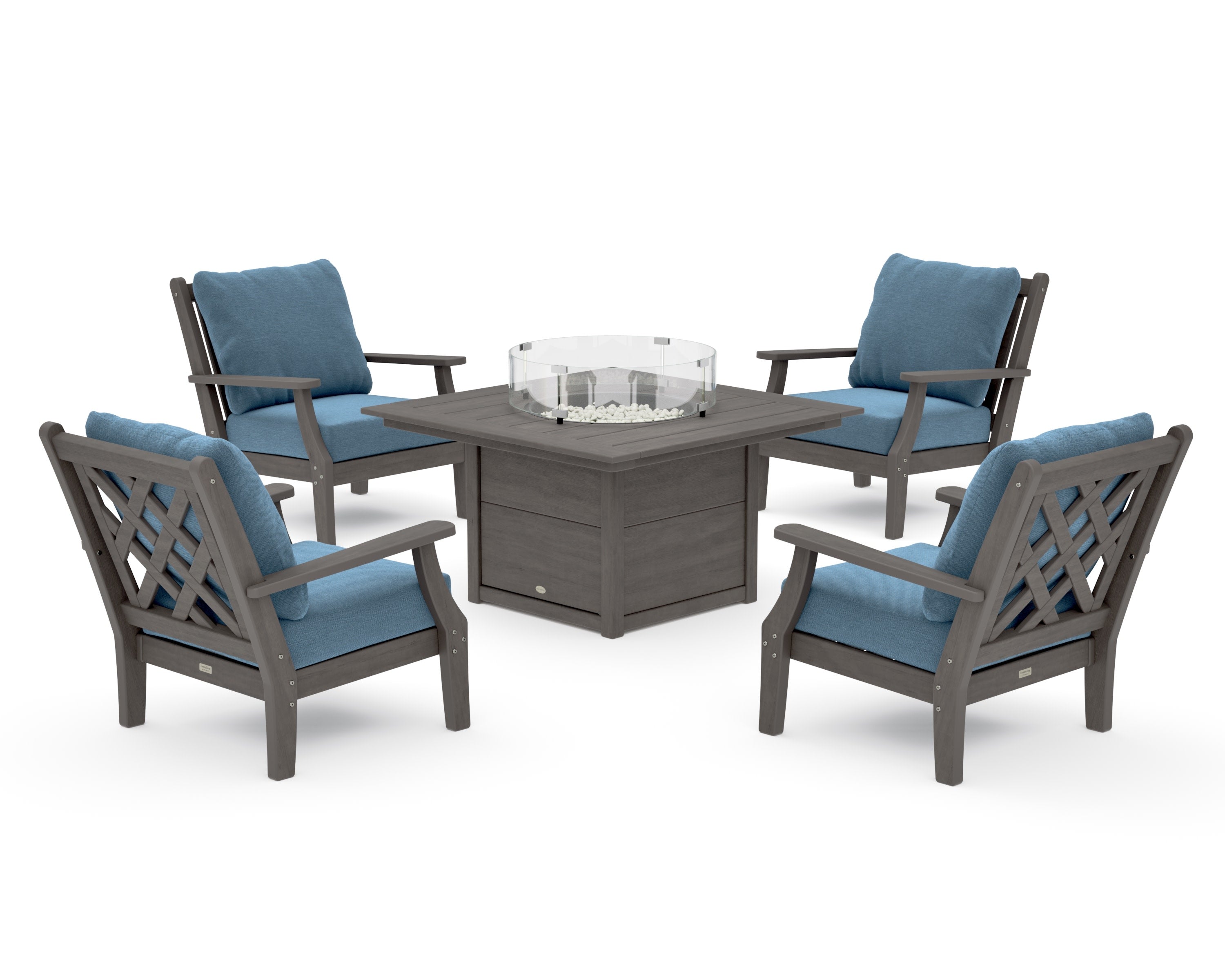 Wovendale 5-Piece Deep Seating Set with Fire Pit Table in Driftwood / Sky Blue