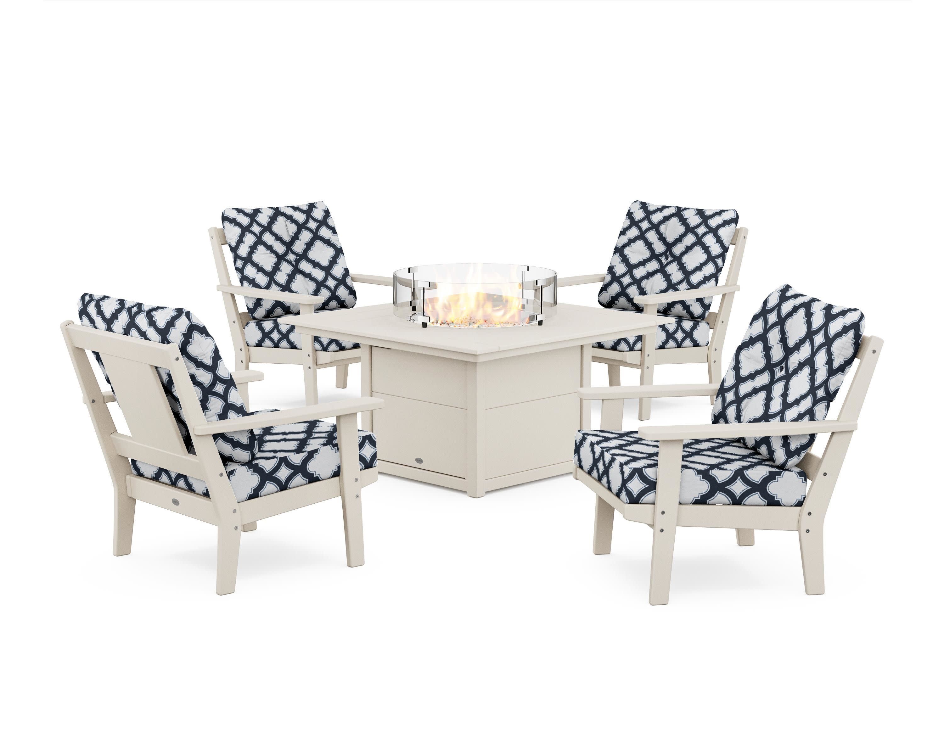 Prairie 5-Piece Deep Seating Set with Fire Pit Table in Sand / Trellis Marine Indigo