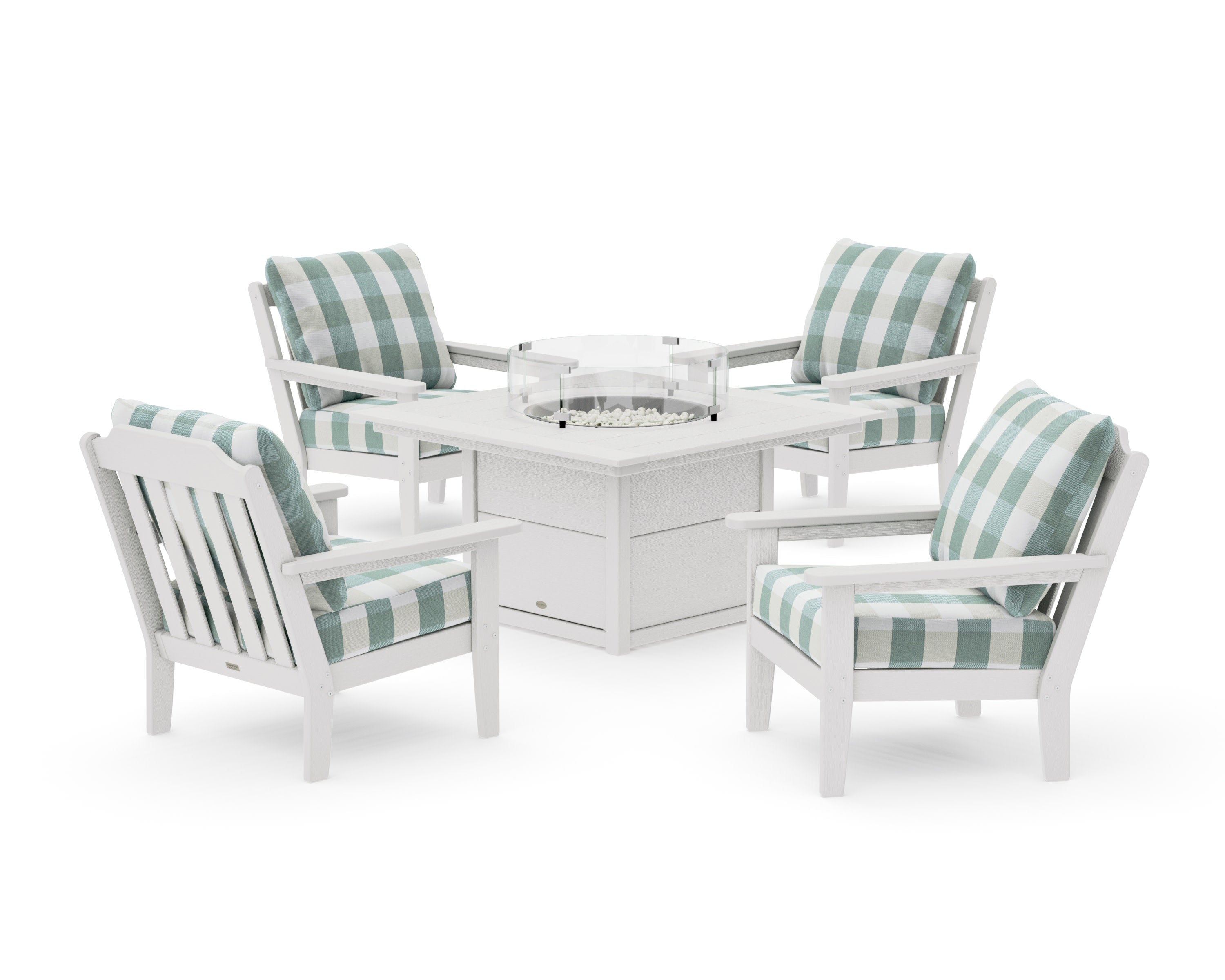 Cottage 5-Piece Deep Seating Set with Fire Pit Table in Vintage White / Buffalo Plaid Glacier Spa
