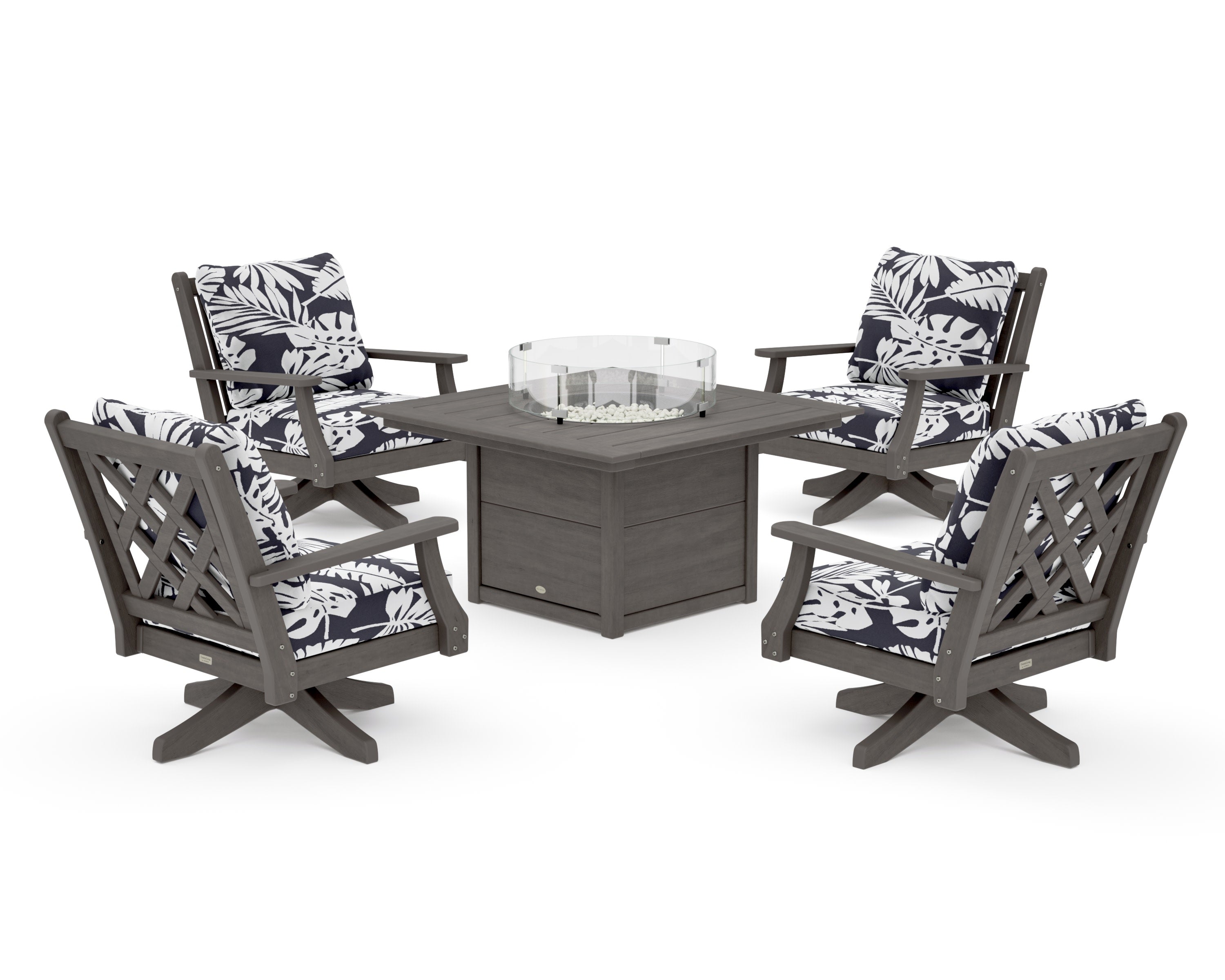 Wovendale 5-Piece Deep Seating Swivel Conversation Set with Fire Pit Table in Driftwood / Leaf Navy